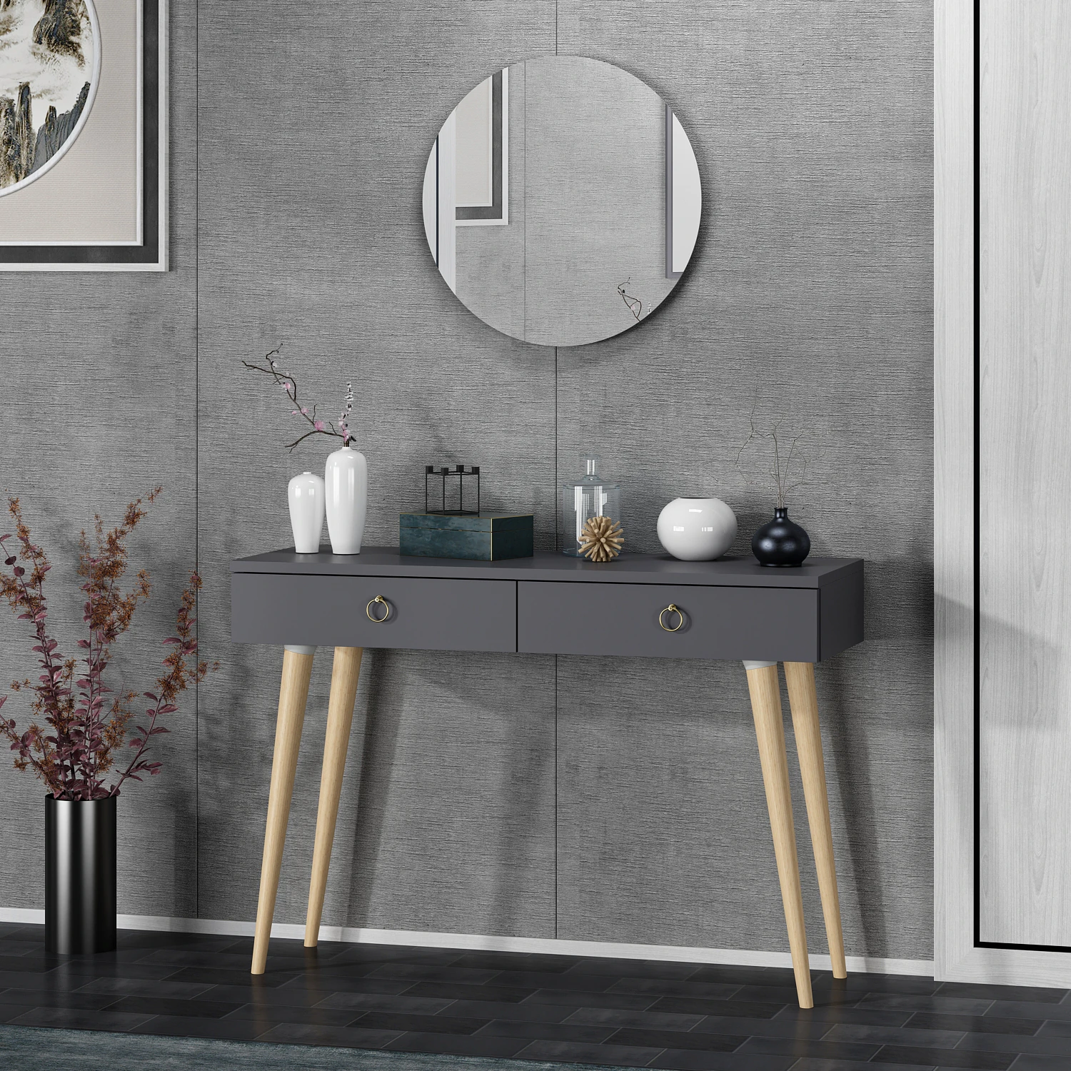 Dekorosso Arden Ahşap Ayaklı Yuvarlak Aynalı Modern Dekoratif Dresuar 100cm