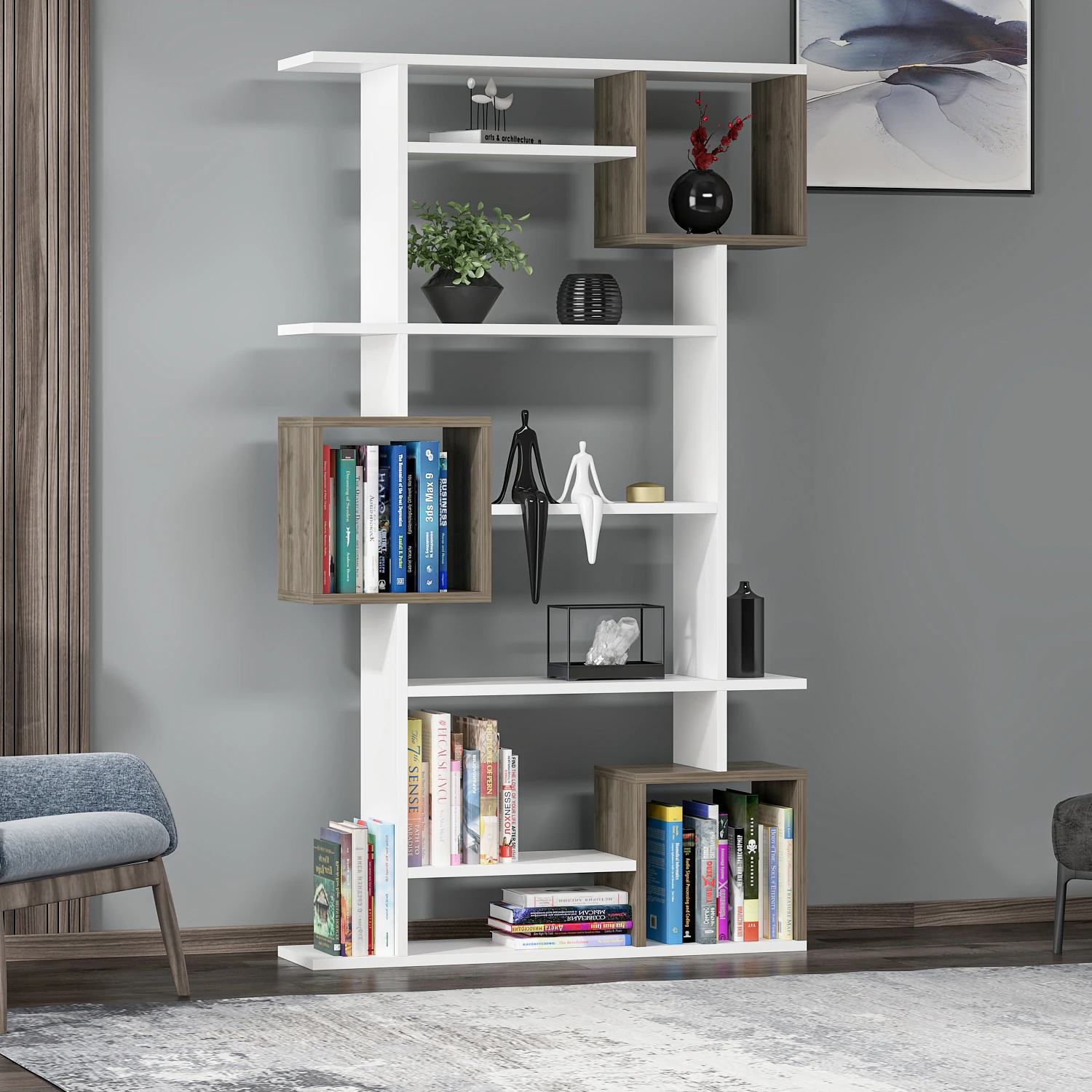 Dekorosso Lino Kitaplık - BEYAZ-CEVİZ