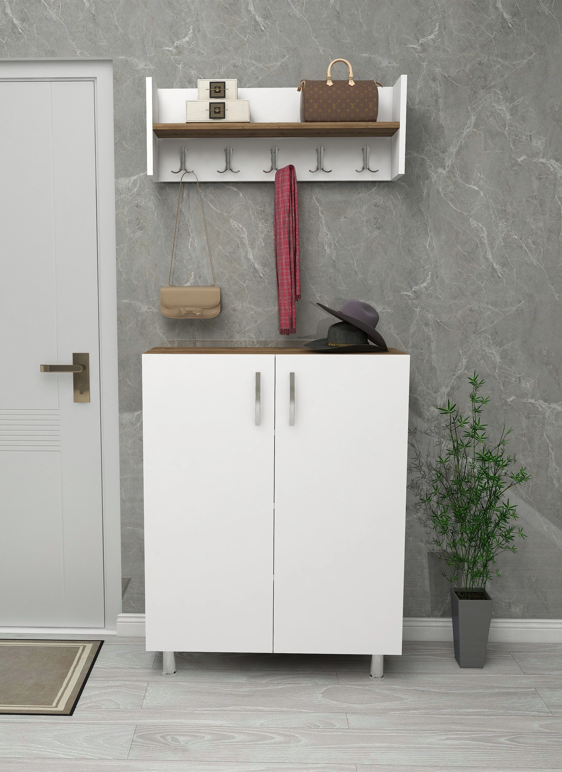 Dekorosso London Vestiyer Portmanto Ayakkabılık - CEVİZ-BEYAZ