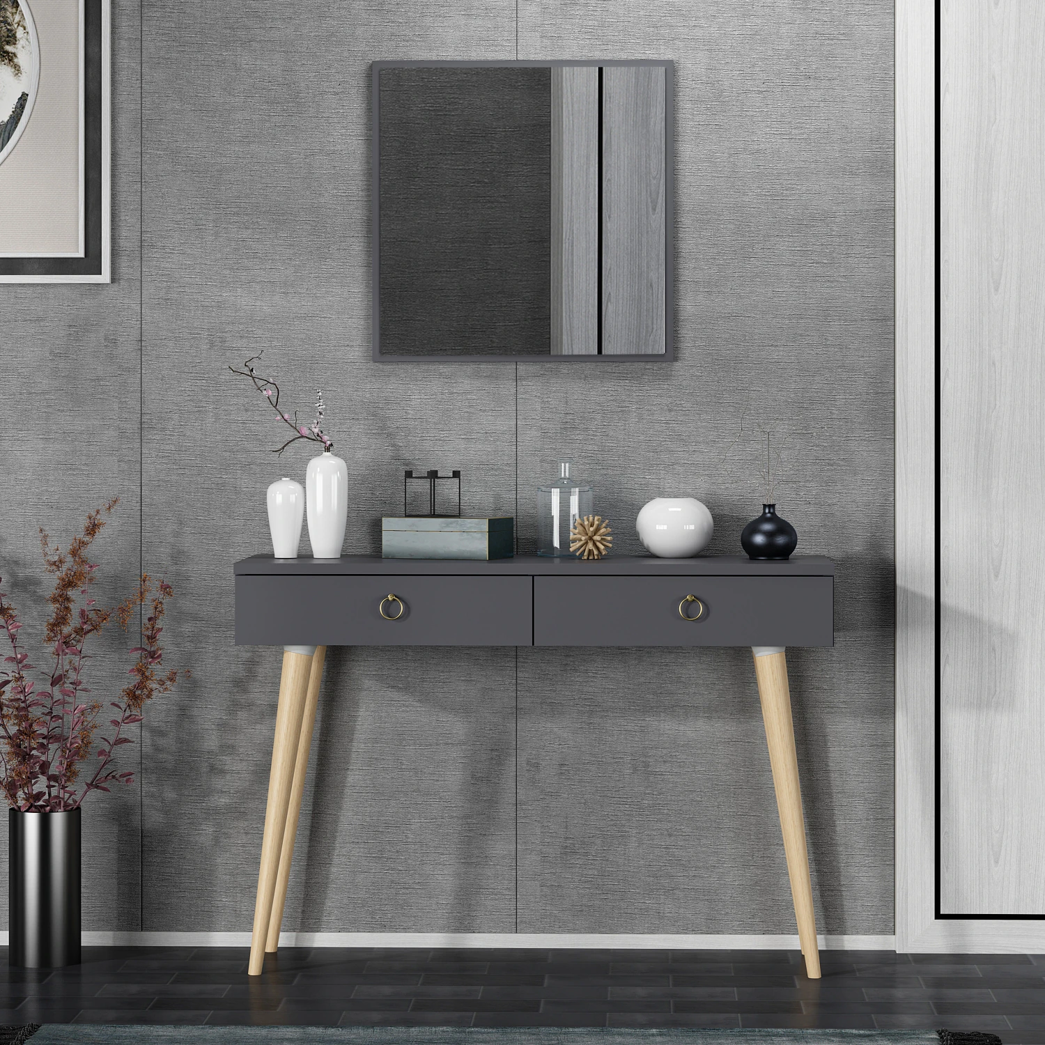 Dekorosso Arden Ahşap Ayaklı Kare Aynalı Modern Dekoratif Dresuar 100Cm