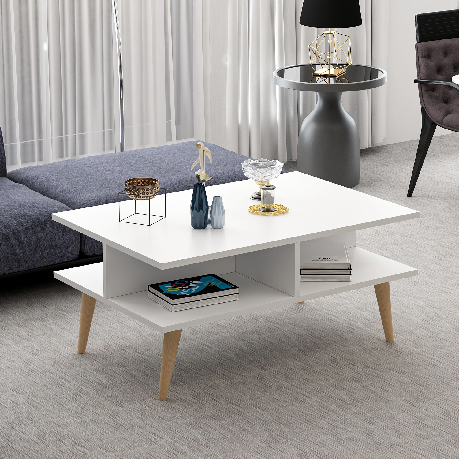 Dekorosso Poloo Ahşap Ayaklı Modern Dekoratif Orta Sehpa 90Cm