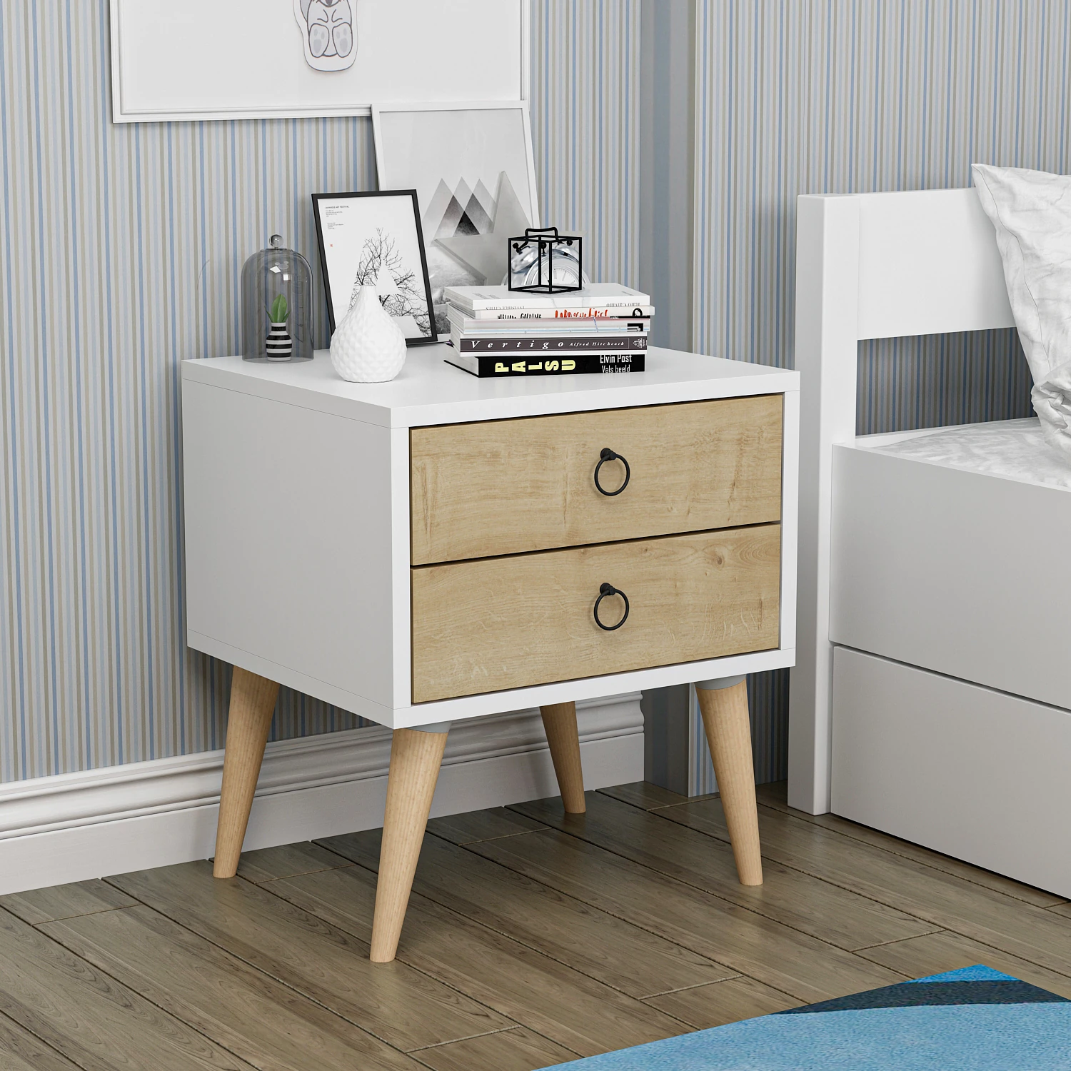 Dekorosso Merlin 2 Çekmeceli Komodin - Beyaz & Safir Meşe