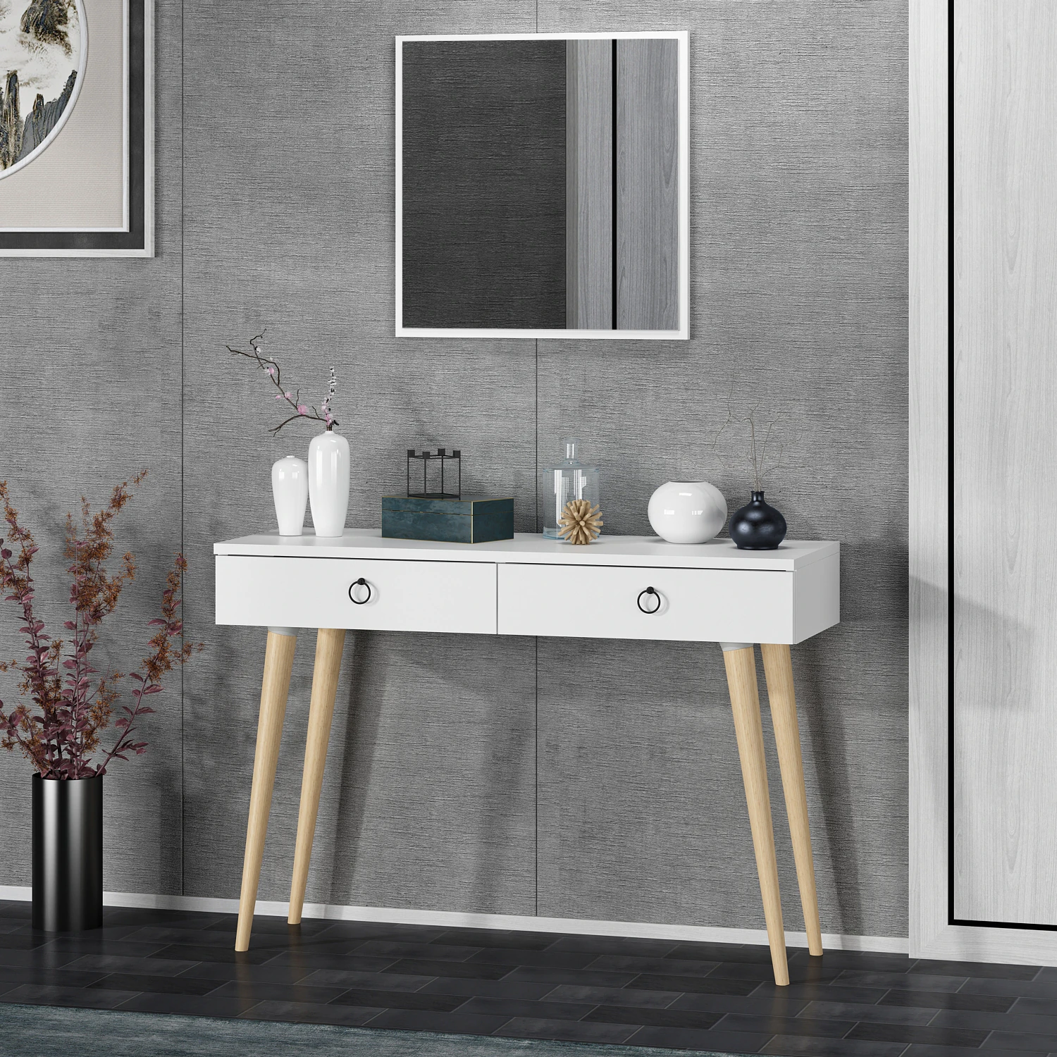 Dekorosso Arden Ahşap Ayaklı Kare Aynalı Modern Dekoratif Dresuar 100Cm - BEYAZ