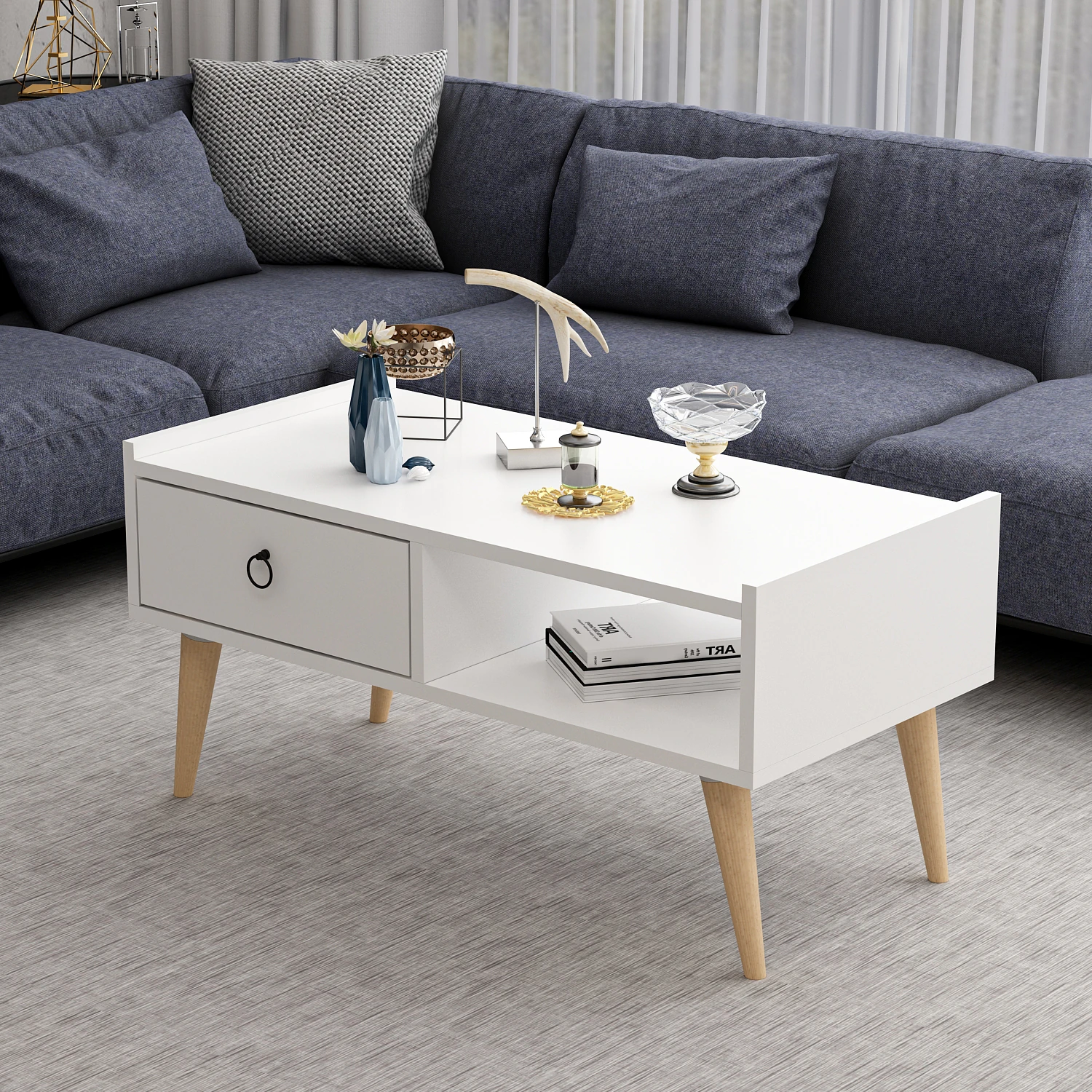 Dekorosso Lupin Çekmeceli Ahşap Ayaklı Orta Sehpa - BEYAZ