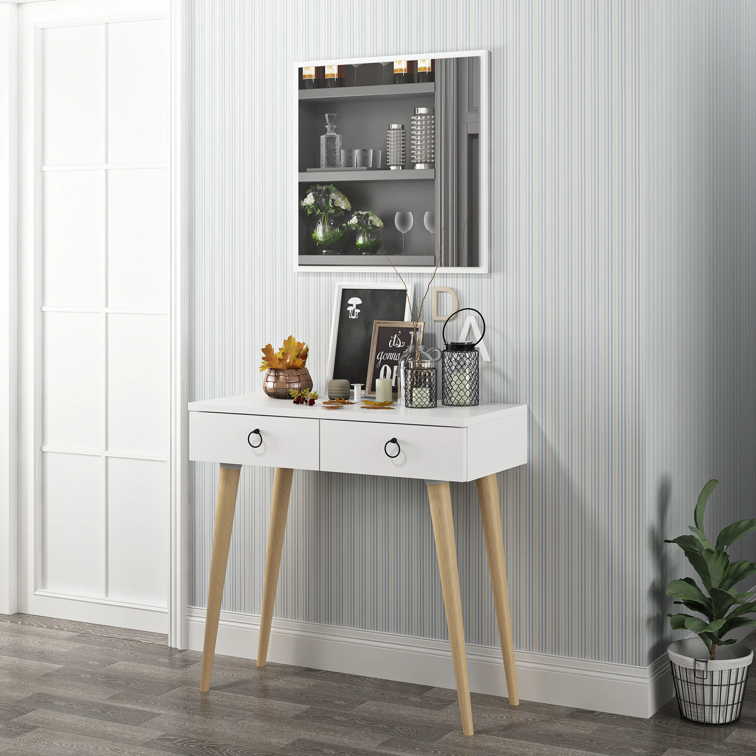 Dekorosso Arden Ahşap Ayaklı Aynalı Modern Dekoratif Dresuar - BEYAZ