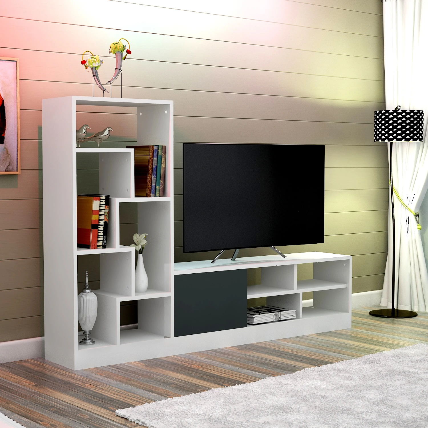 Dekorosso Lord Dolaplı Raflı Tv Ünitesi - BEYAZ-ANTRASİT