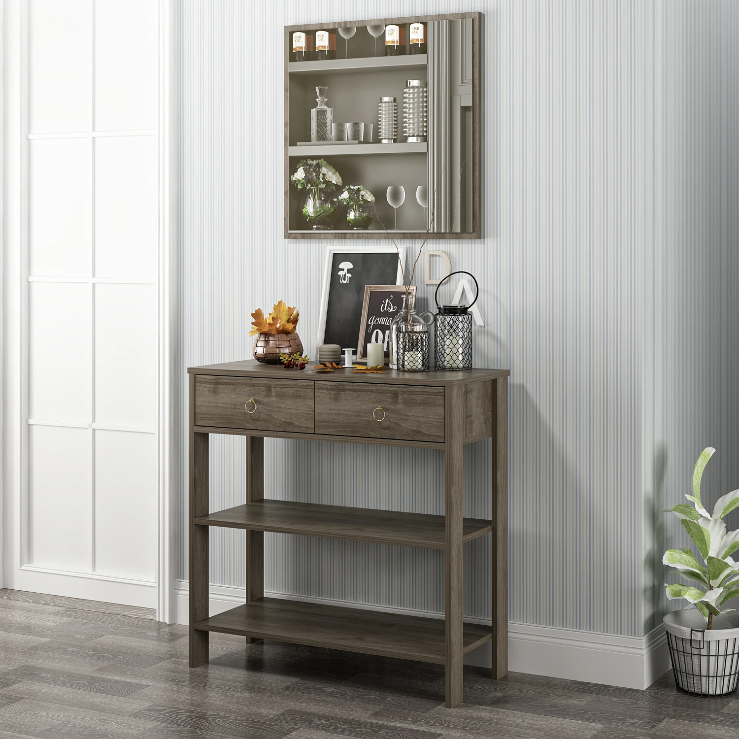 Dekorosso Luke Modern Dekoratif Aynalı 2 Çekmeceli 2 Raflı Dresuar - CEVİZ