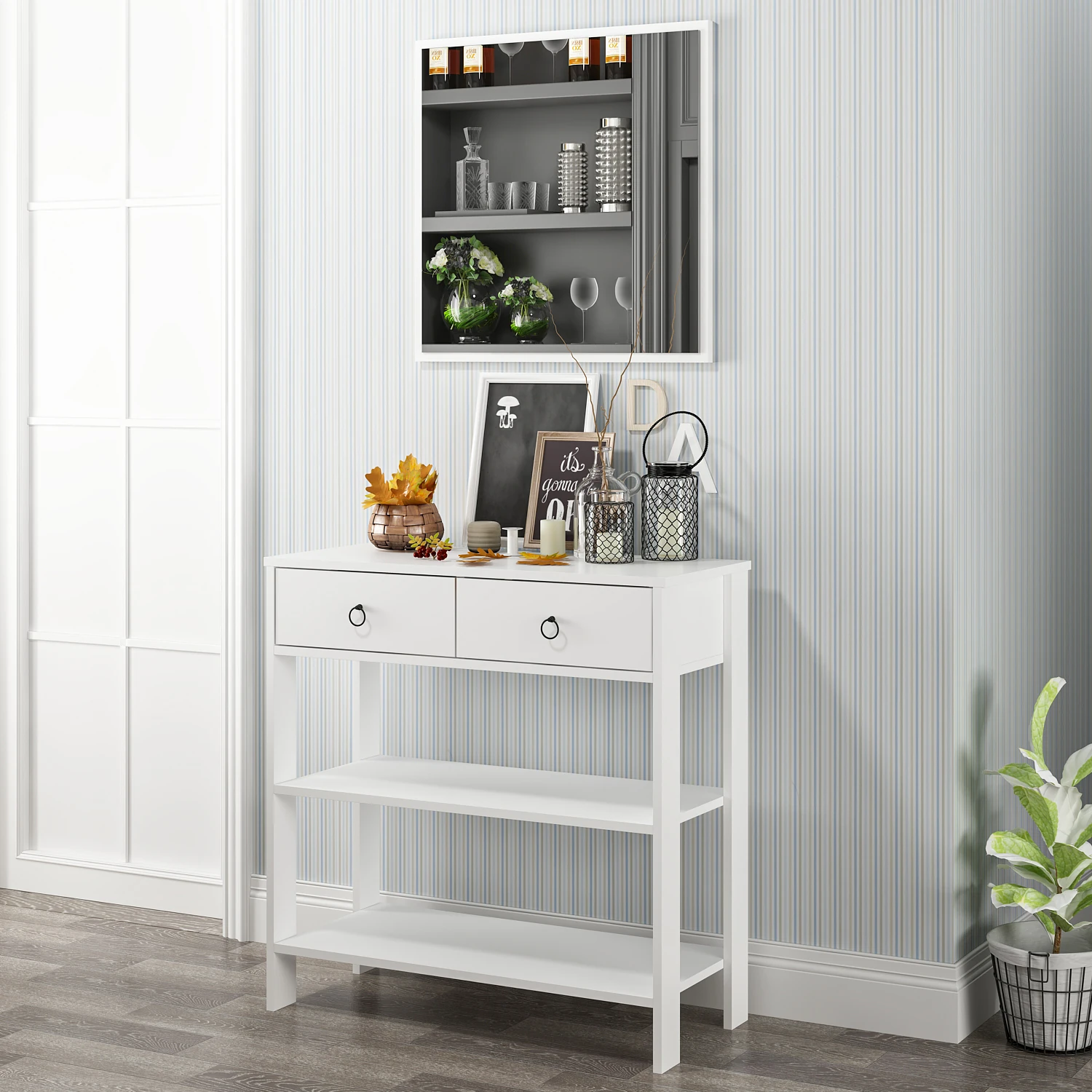 Dekorosso Luke Modern Dekoratif Aynalı 2 Çekmeceli 2 Raflı Dresuar - BEYAZ