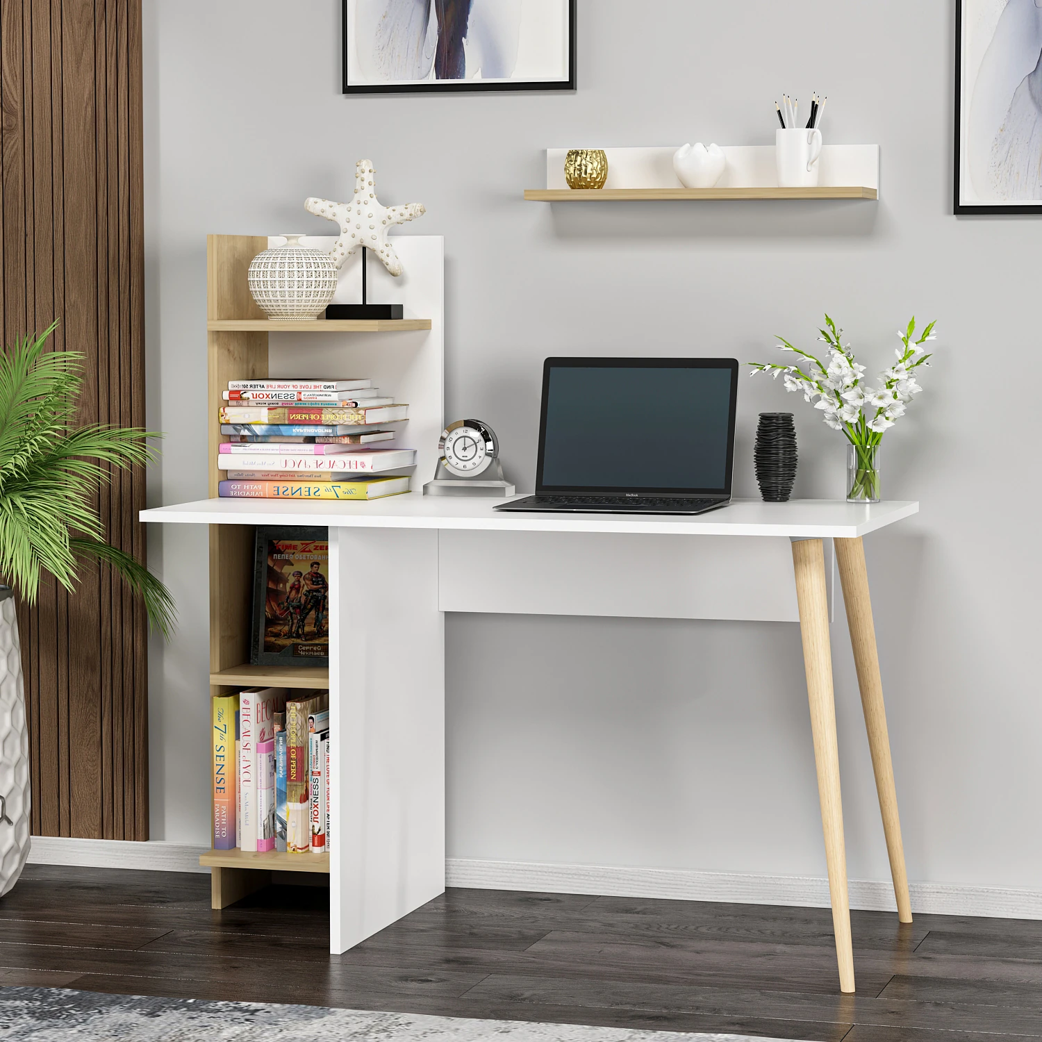Dekorosso Omar Ahşap Ayaklı Fonksiyonel Çalışma Masası - Beyaz & Safir Meşe