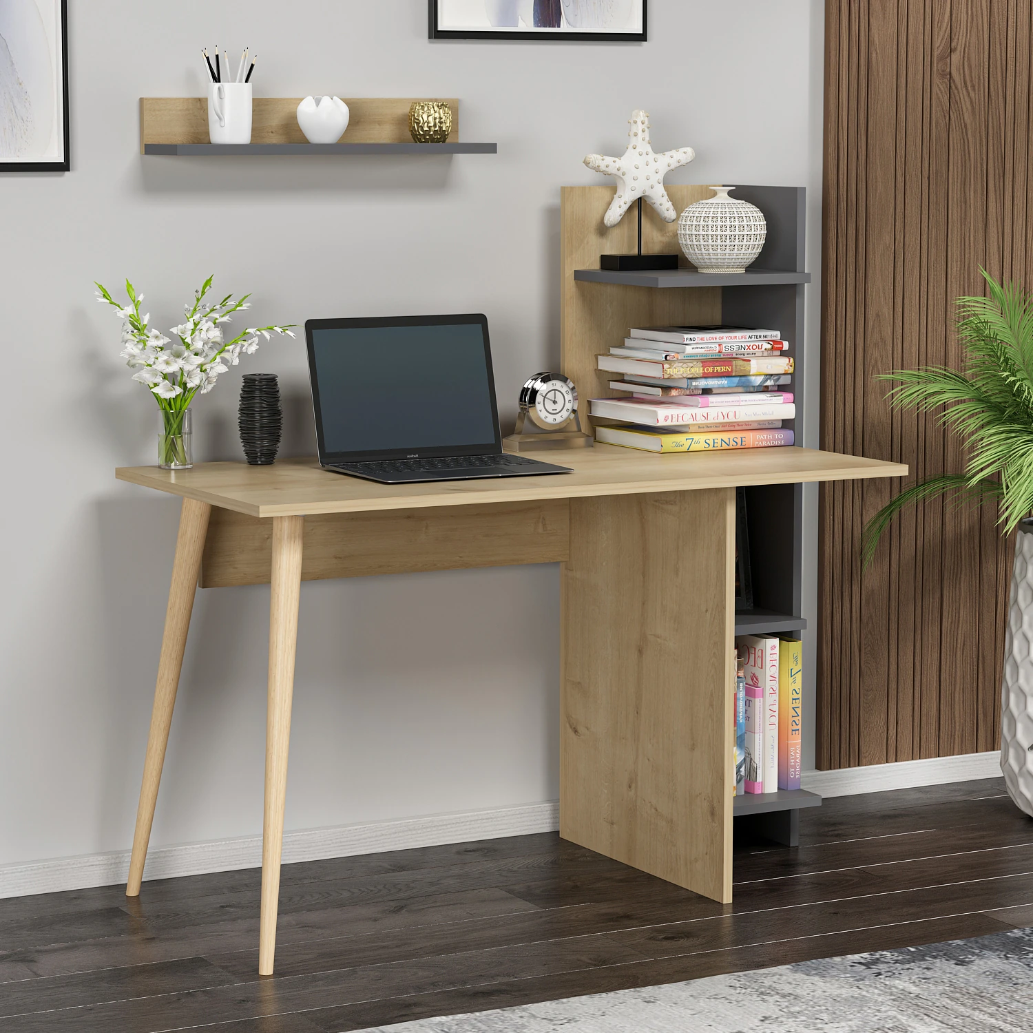 Dekorosso Omar Ahşap Ayaklı Fonksiyonel Çalışma Masası - Safir Meşe & Antrasit