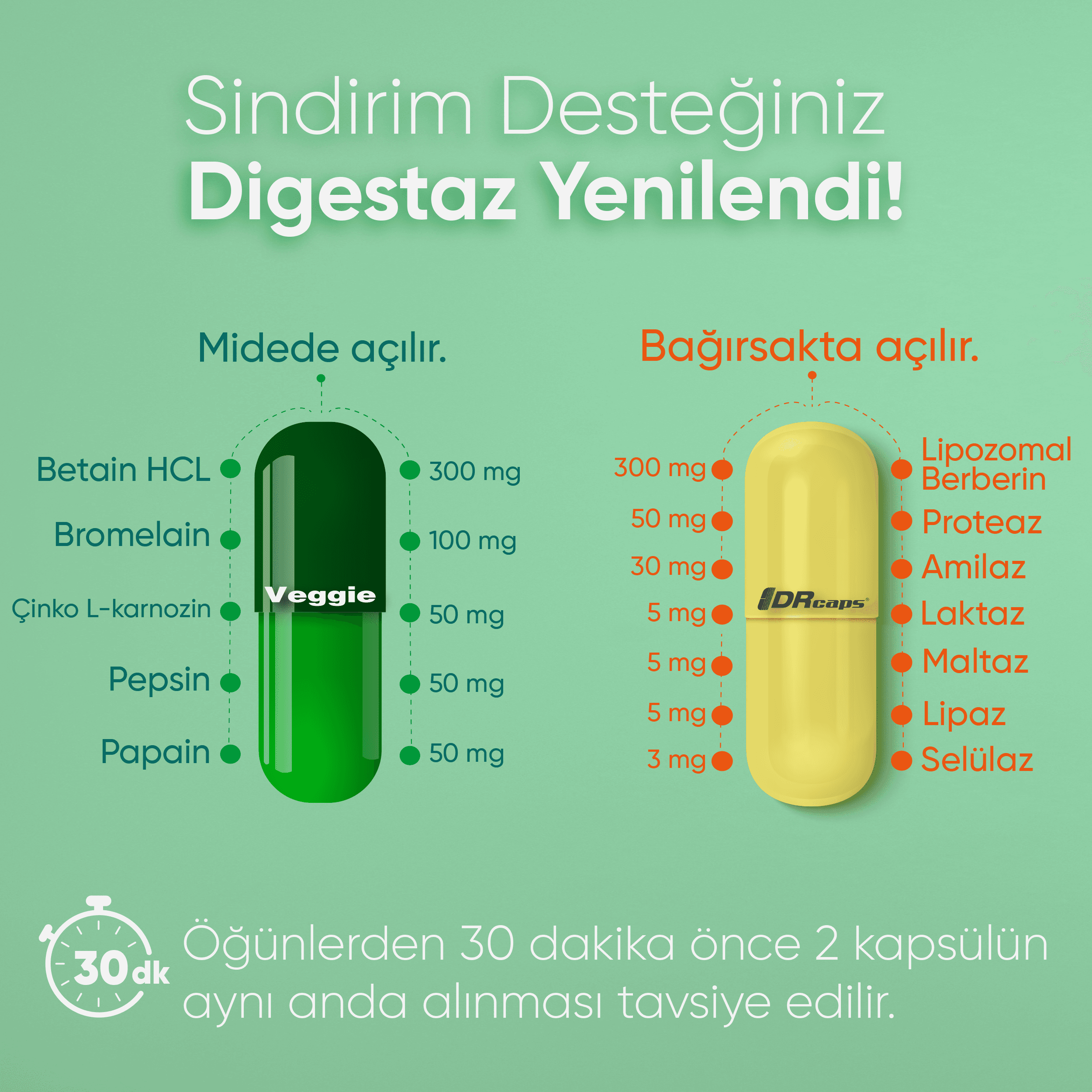 Digestaz, Sindirim Enzimleri + Bromelain +Betain HCL+ Lipozomal Berberin + Çinko L-Karnosin