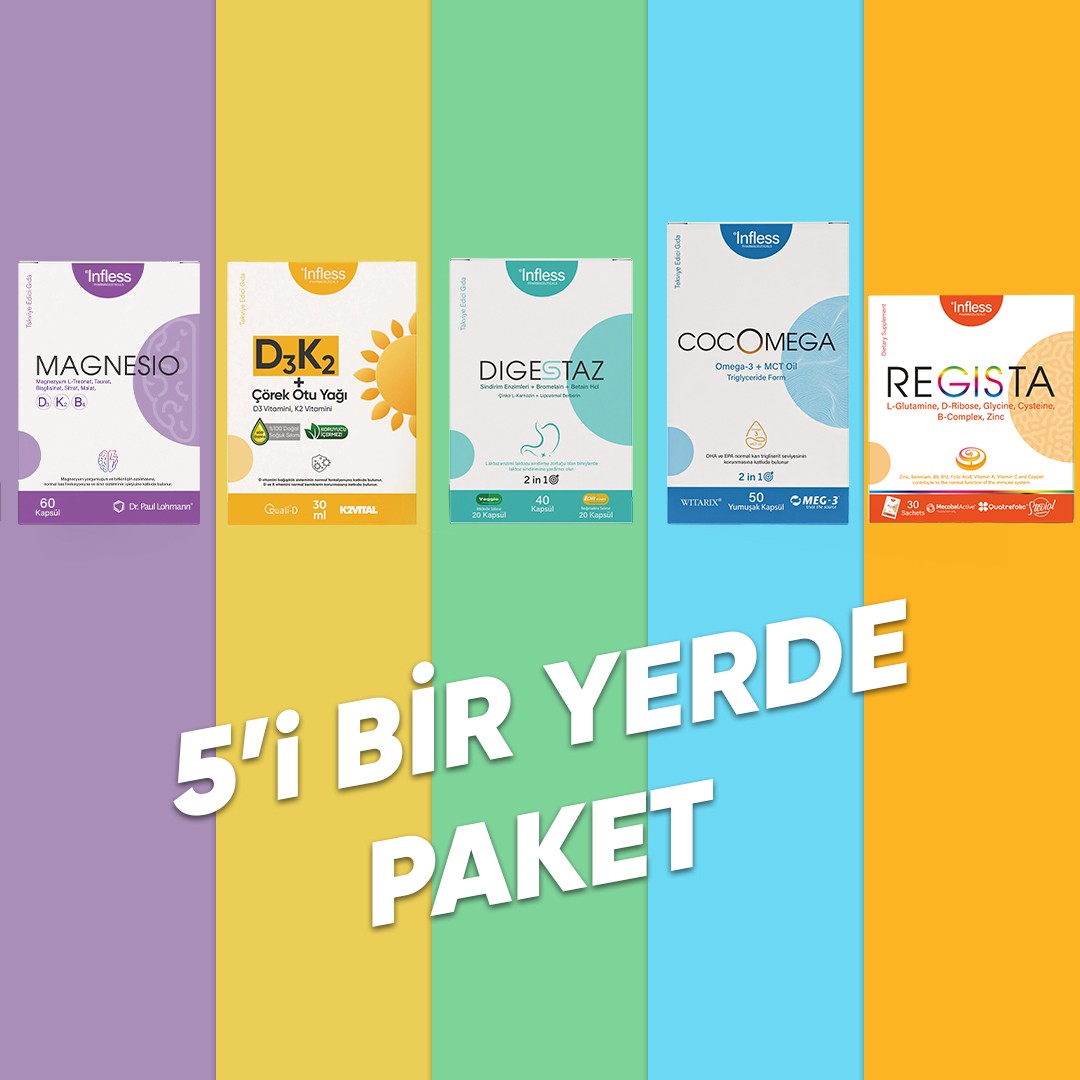 5i1 Yerde Paket (Magnezyum, D3K2, Omega3, MCT Oil, Sindirim Enzimleri, Multivitamin)