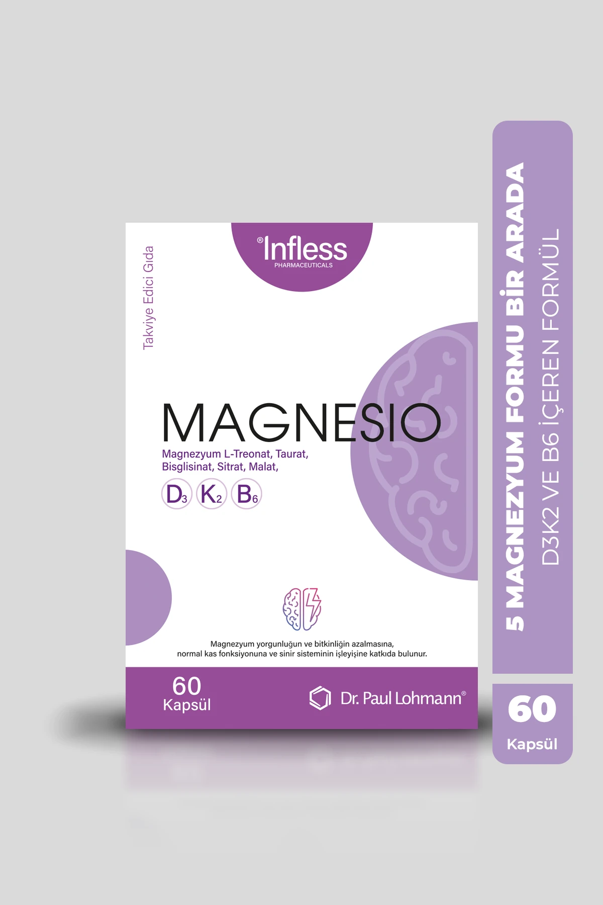 Magnesio, Magnezyum Kompleks (Taurat, Bisglisinat, Malat, Sitrat, L-Treonat) 60 Kapsül B6 İçeren Takviye Edici Gıda