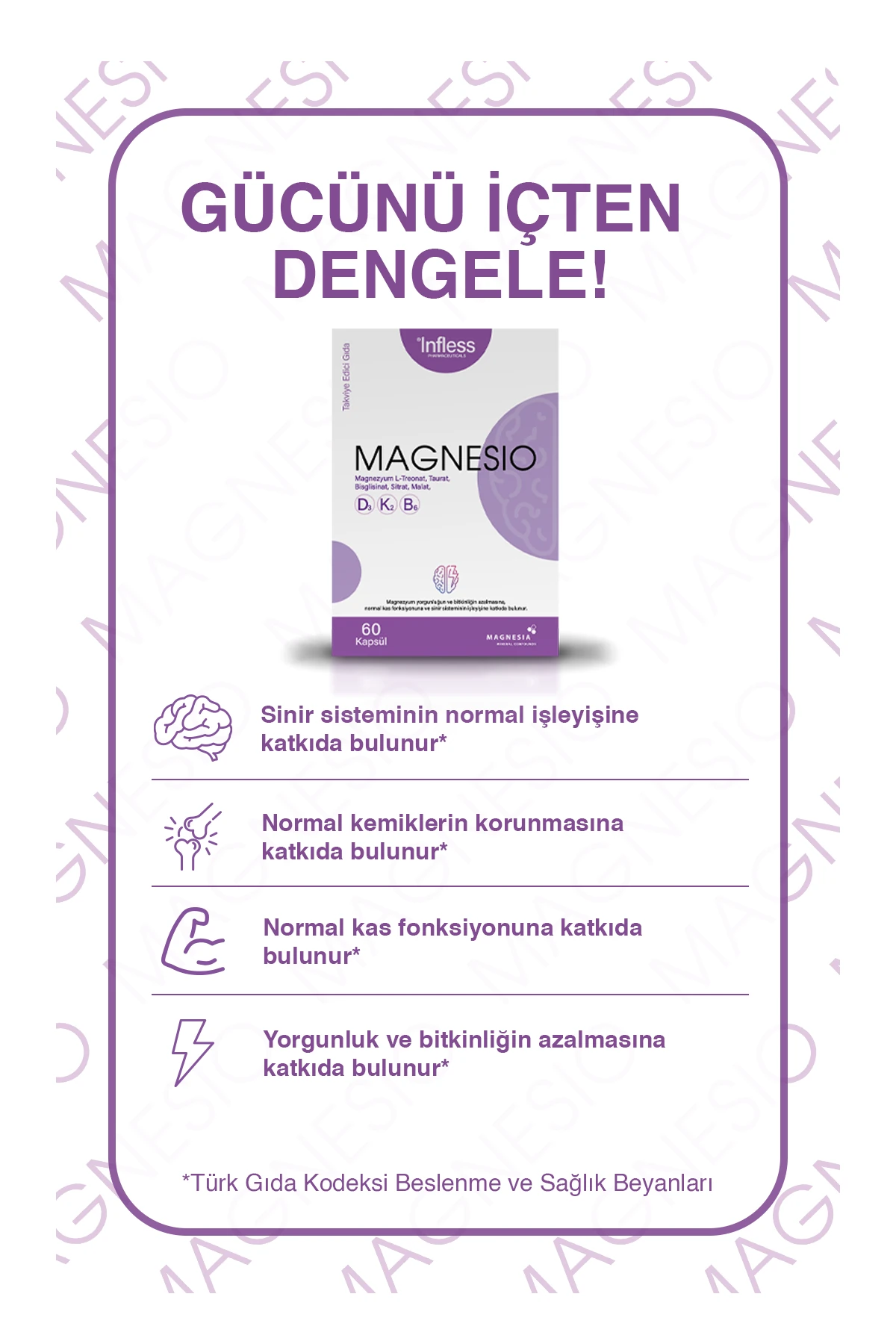 Magnesio, Magnezyum Kompleks (Taurat, Bisglisinat, Malat, Sitrat, L-Treonat) 60 Kapsül B6 İçeren Takviye Edici Gıda