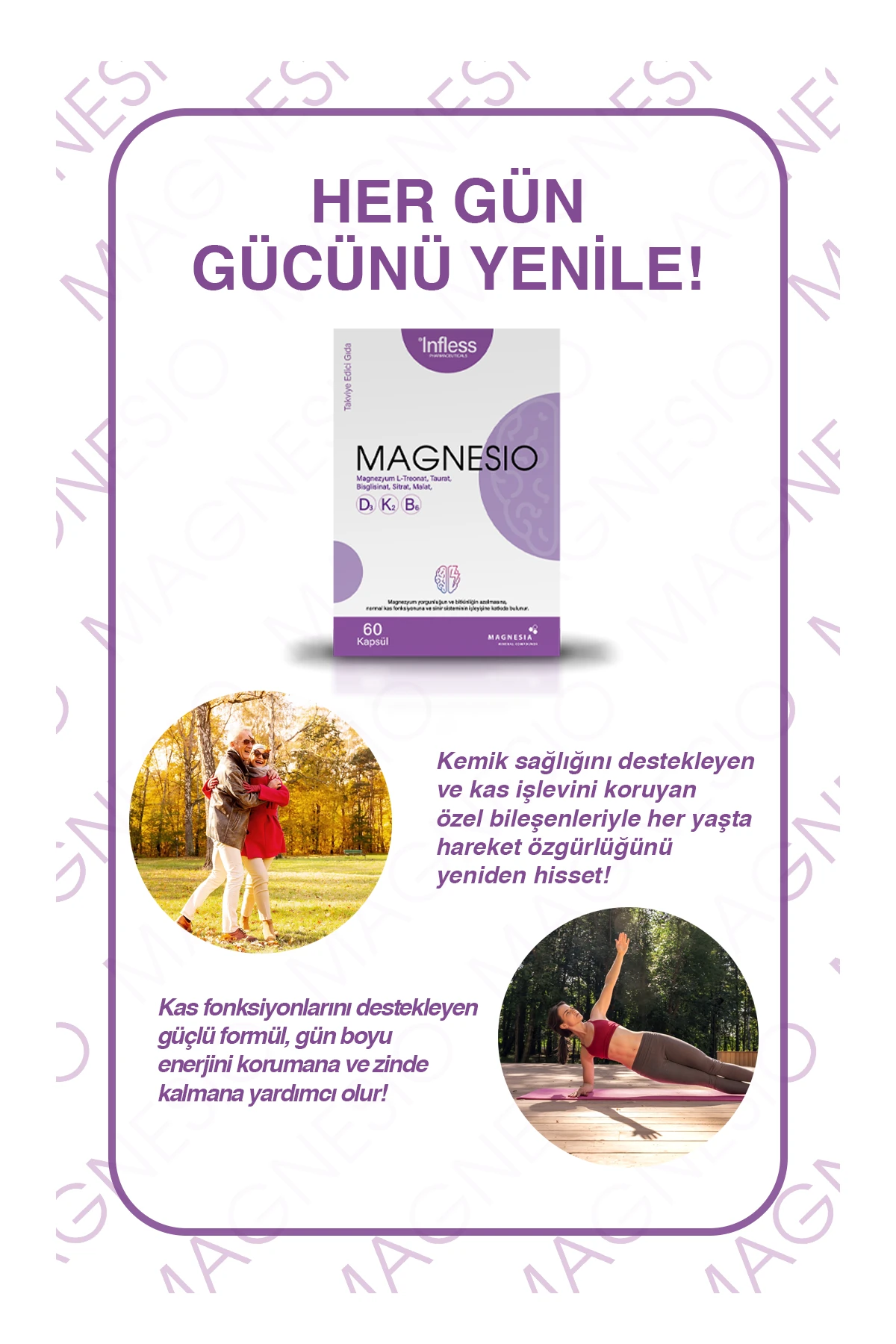 Magnesio, Magnezyum Kompleks (Taurat, Bisglisinat, Malat, Sitrat, L-Treonat) 60 Kapsül B6 İçeren Takviye Edici Gıda