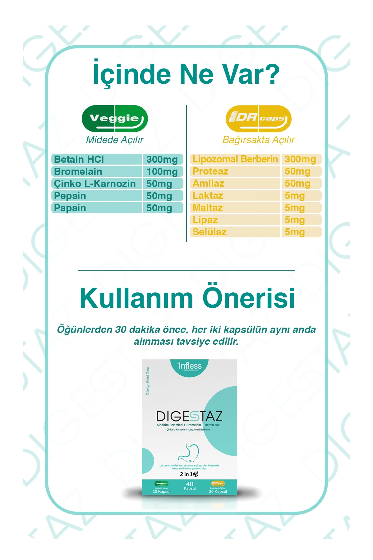 Digestaz, Sindirim Enzimleri + Bromelain +Betain HCL+ Lipozomal Berberin + Çinko L-Karnosin