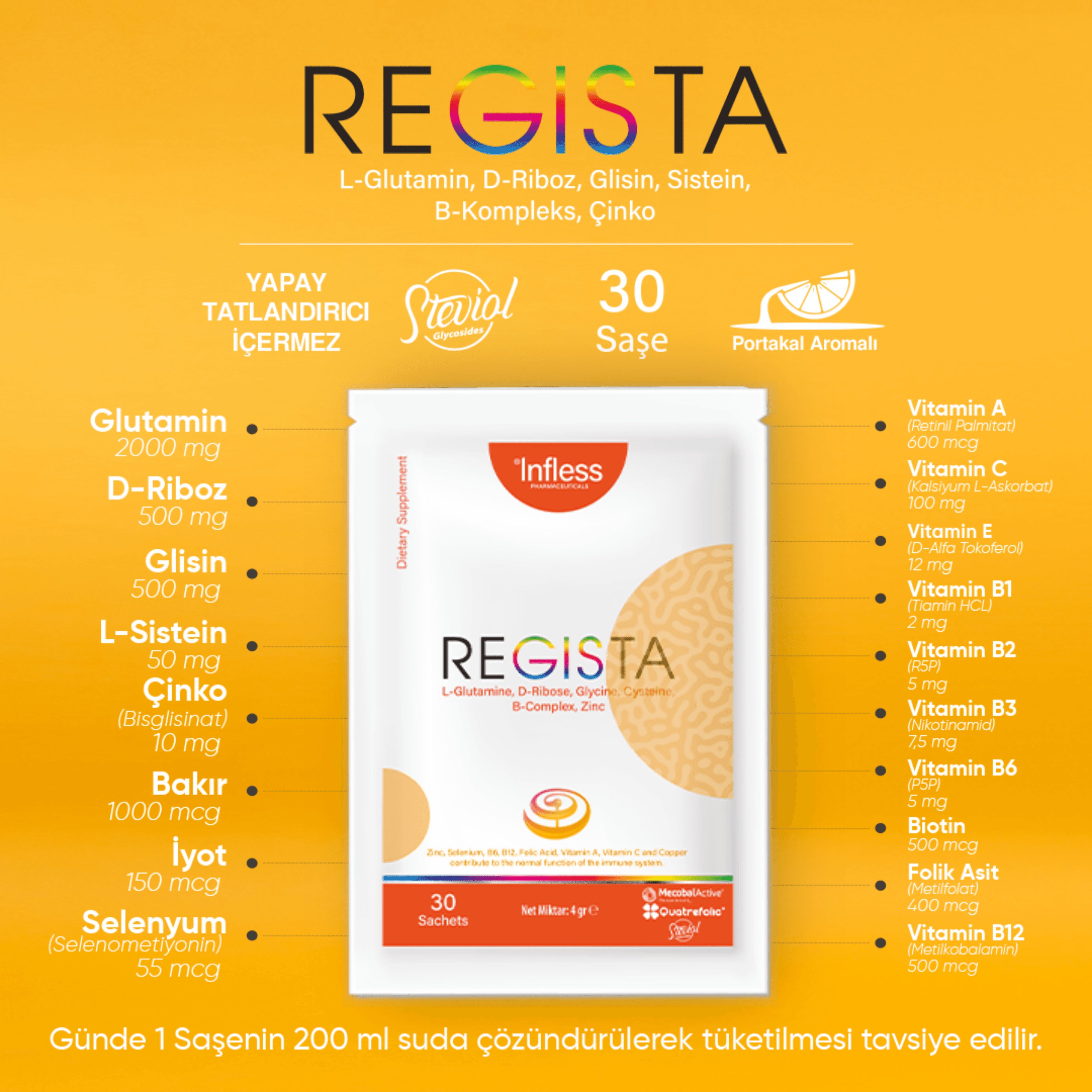 Regista, Glutamin, Sistein, Glisin, D-Riboz ve Multivitamin içeren Saşe