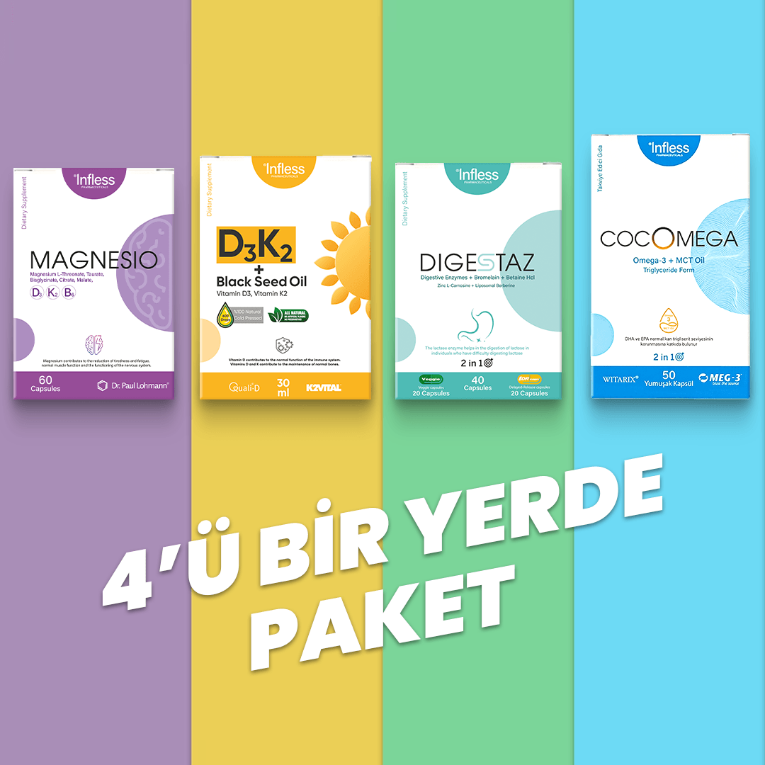 4ü1 Yerde Paket (Magnezyum, D3K2, Omega3, MCT Oil, Sindirim Enzimleri)