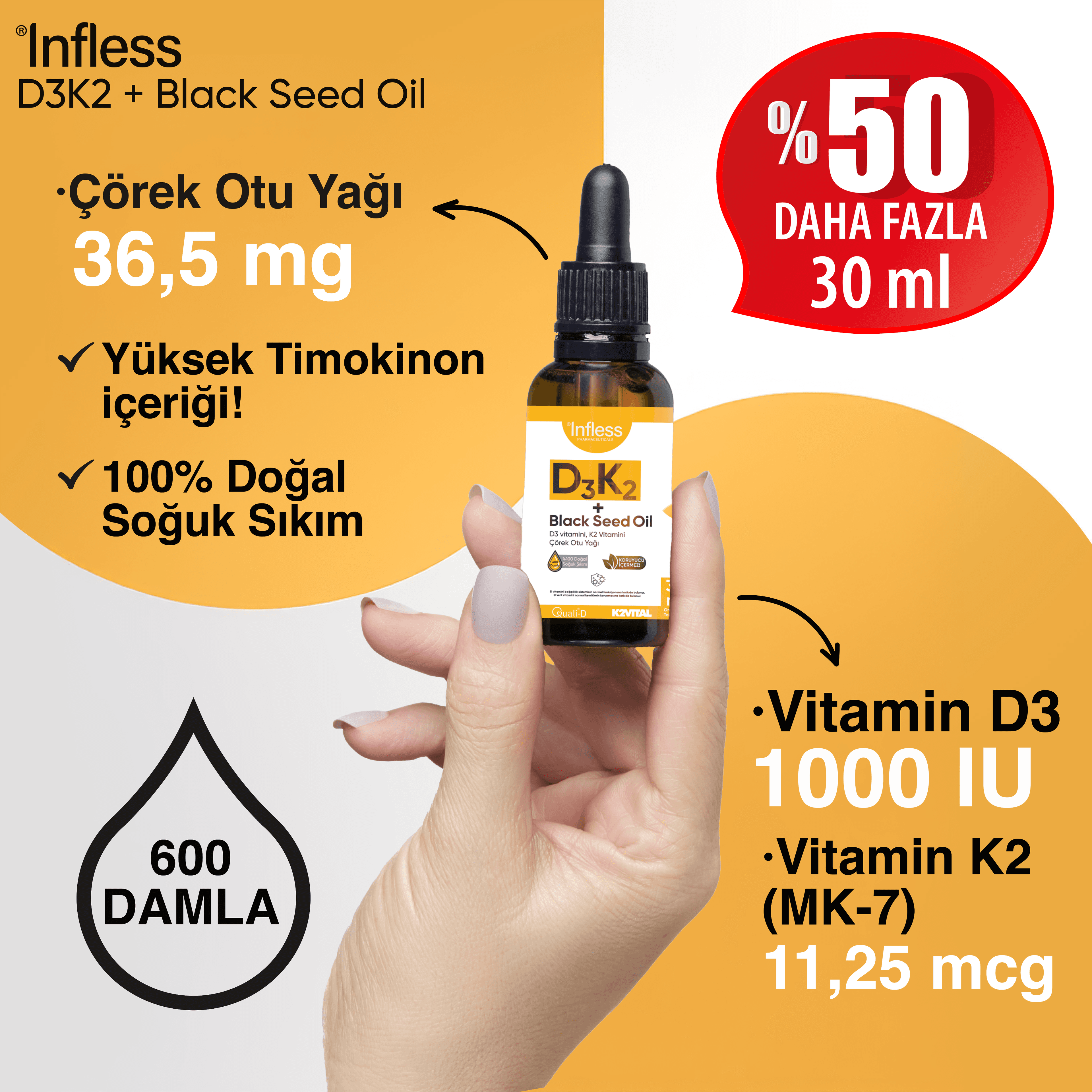 Vitamin D3 K2 + Çörek Otu Yağı 30 ML 600 Damla