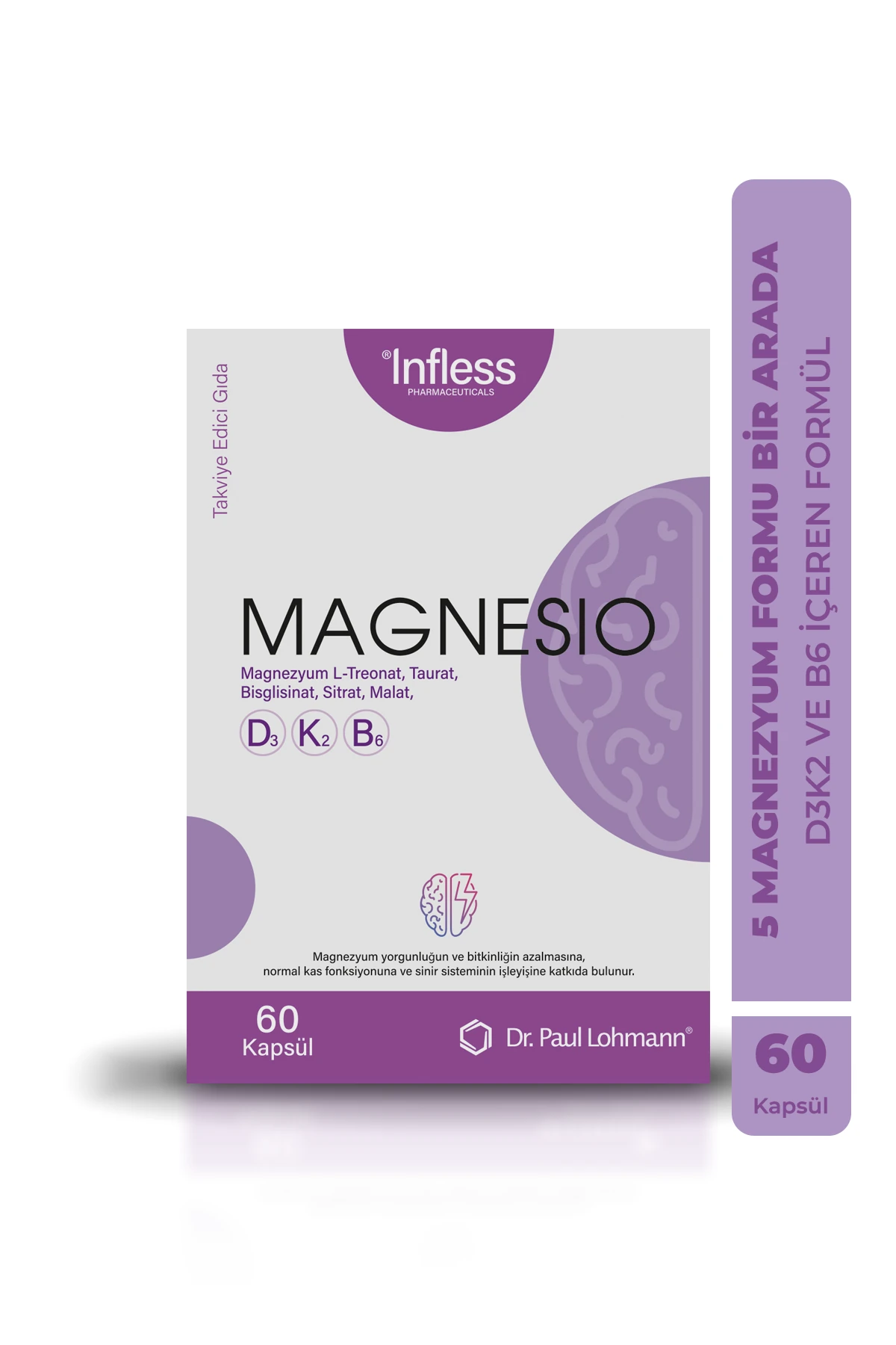 Magnesio, Magnezyum Kompleks (Taurat, Bisglisinat, Malat, Sitrat, L-Treonat) 60 Kapsül B6 İçeren Takviye Edici Gıda