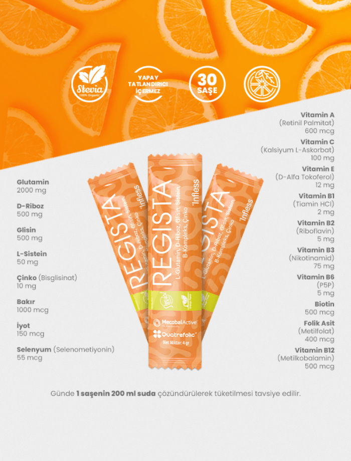 Regista, Glutamin, Sistein, Glisin, D-Riboz ve Multivitamin içeren Saşe