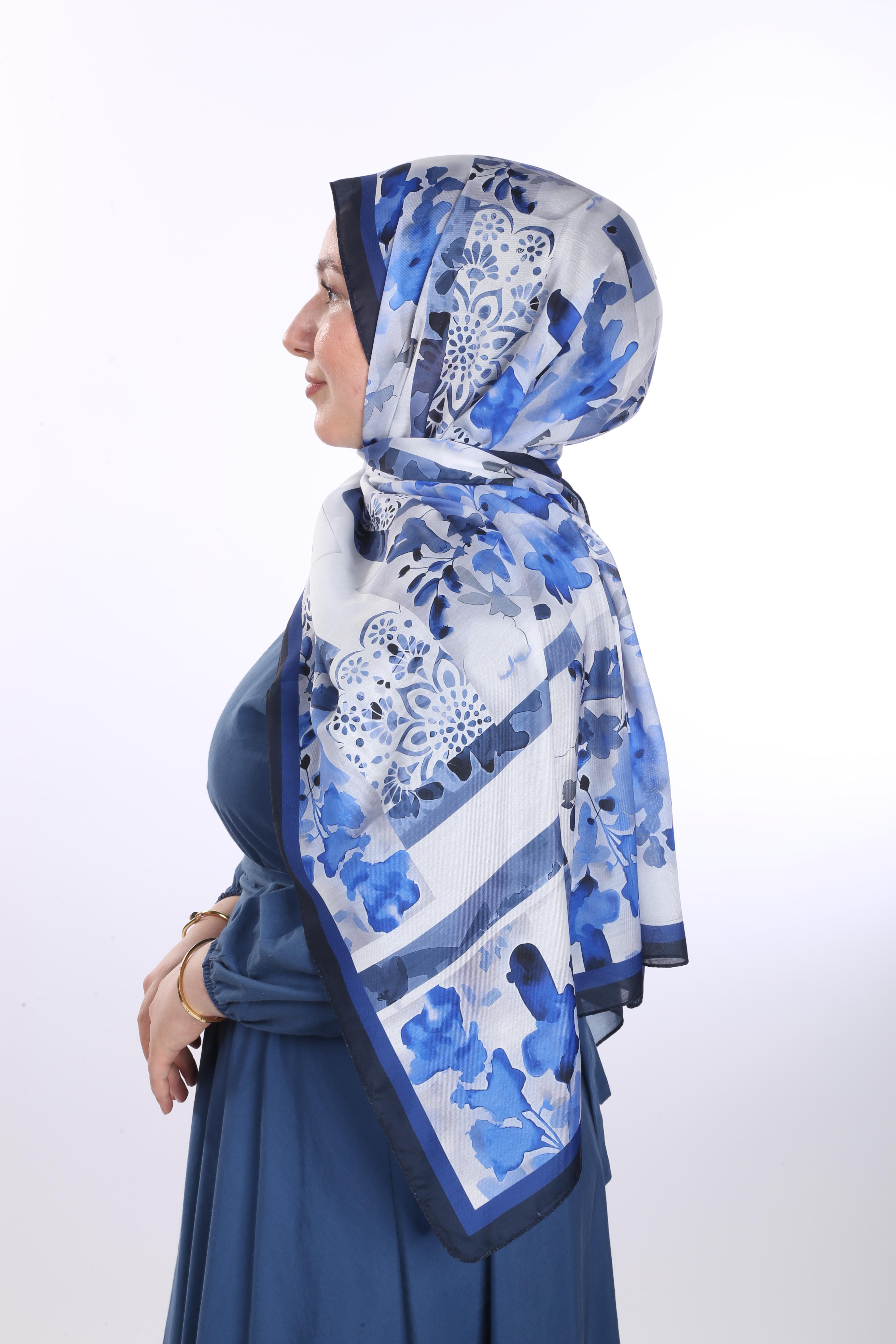 Floral Desen Soft Şal - Mavi