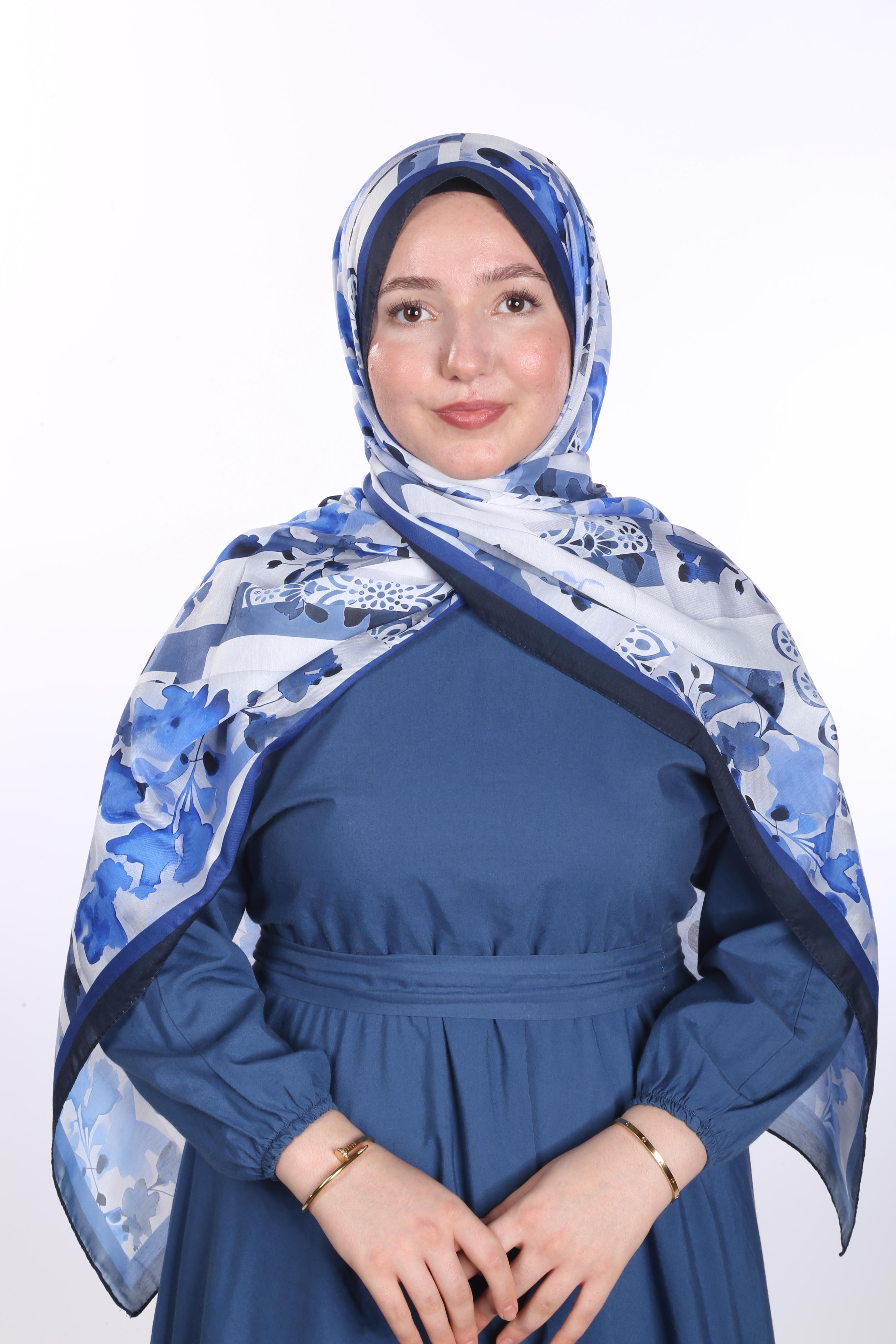 Floral Desen Soft Şal - Mavi