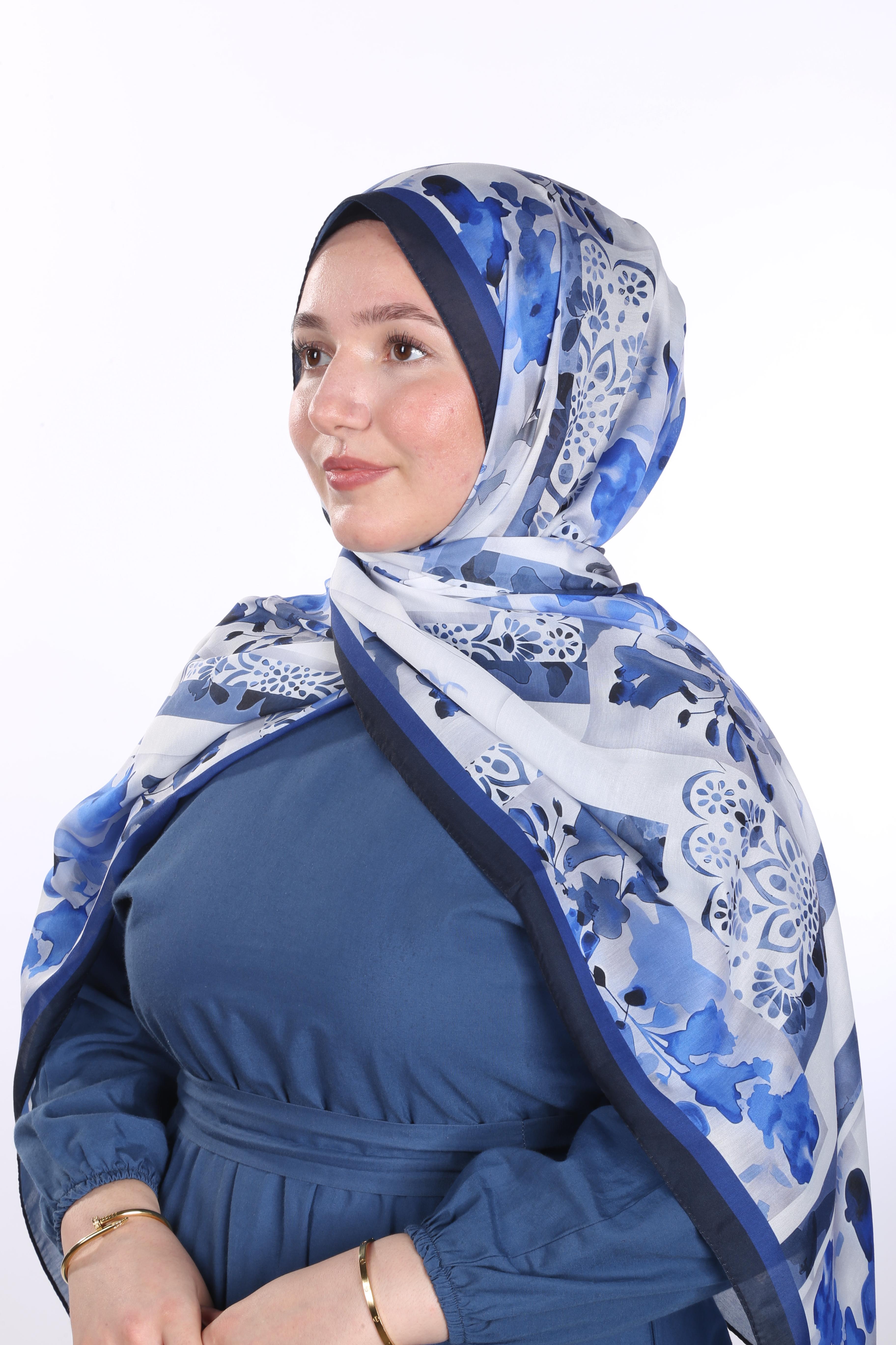 Floral Desen Soft Şal - Mavi