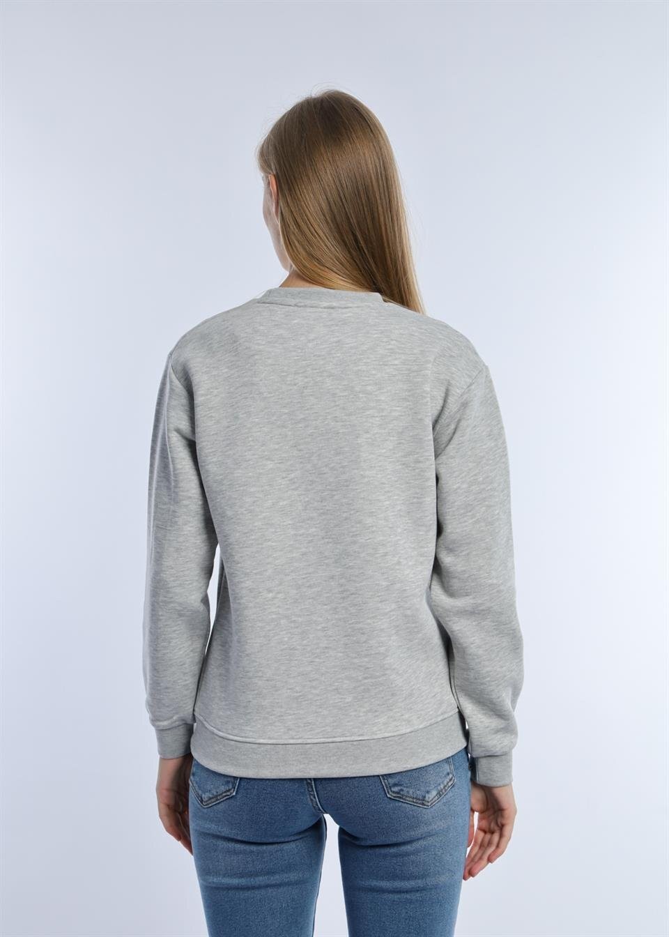 Kadın Bisiklet Yaka 3 İplik Şardonlu Sweatshirt Gri Melanj