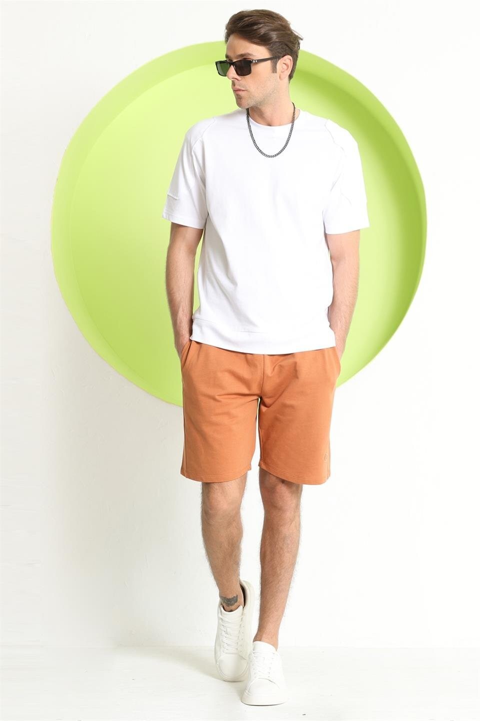 Erkek T-shirt/Şort Takım  Taba-Beyaz