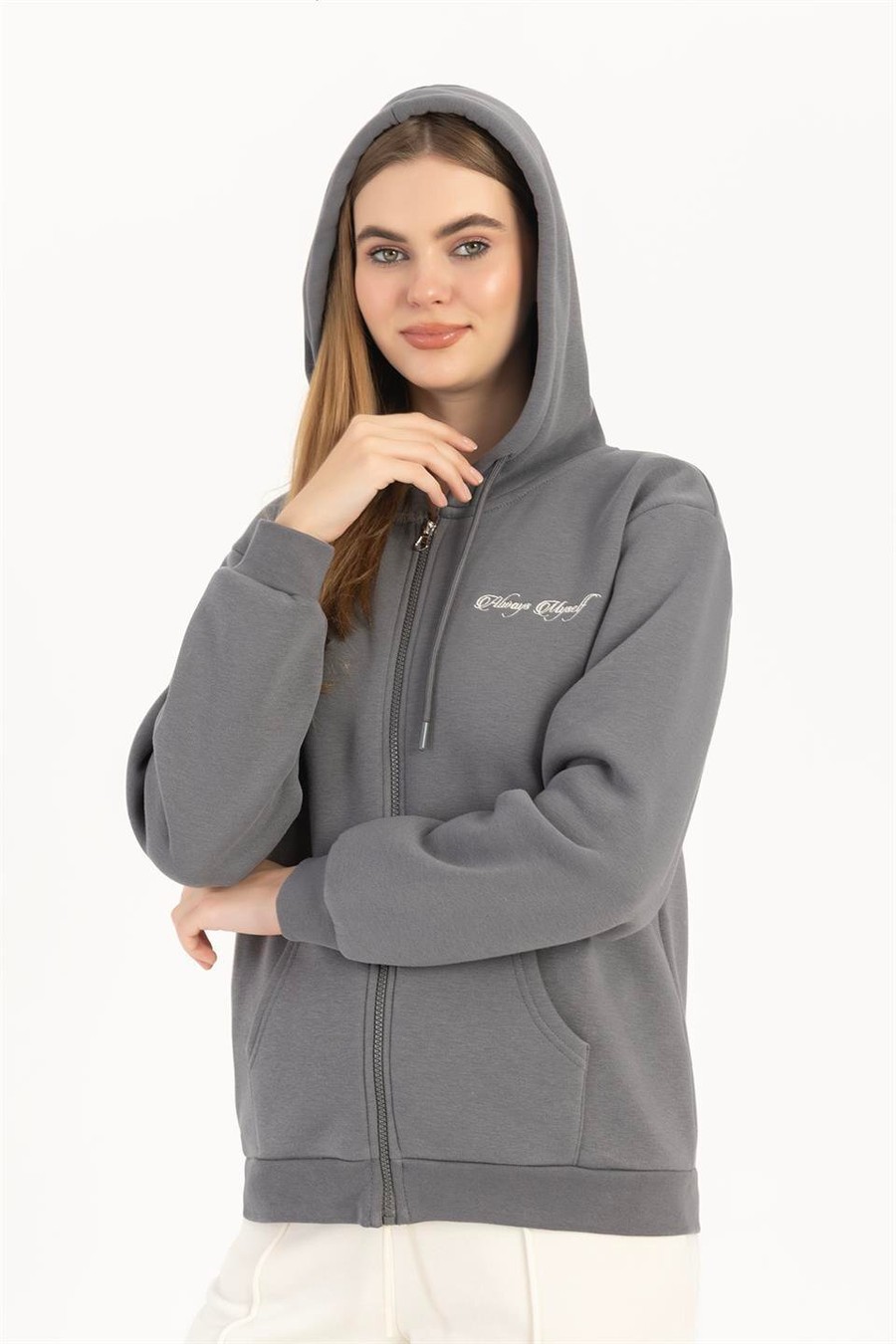 Kadın Fermuarlı Regular Fit Sweatshirt Füme Renksiz Kadın Fermuarlı Regular Fit Sweatshirt Füme Renksiz