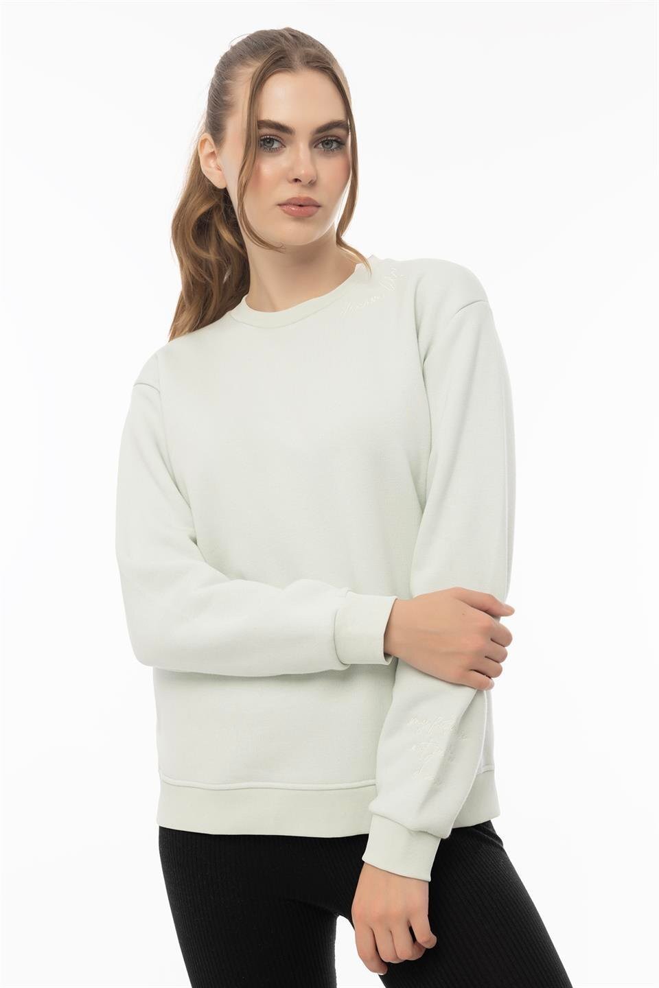 Kadın 3 İplik Şardonlu Bisiklet Yaka Sweatshirt Mint