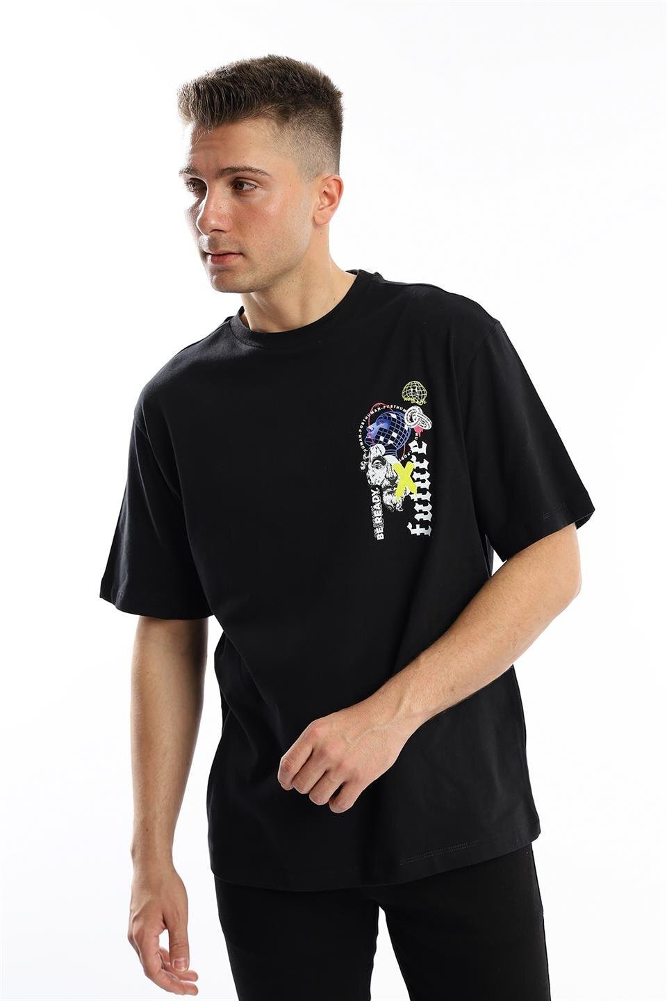 Erkek Oversize Fit Future Baskılı Basic Tişört Siyah