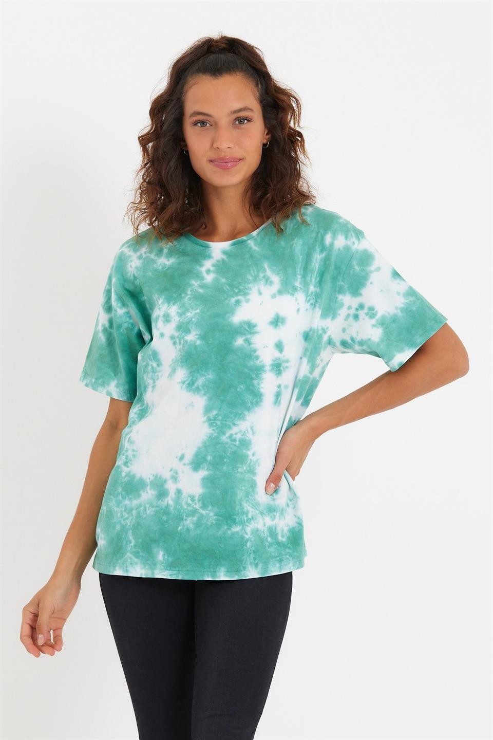 Kadın Batik Yıkamalı Oversize T-shirt Yeşil