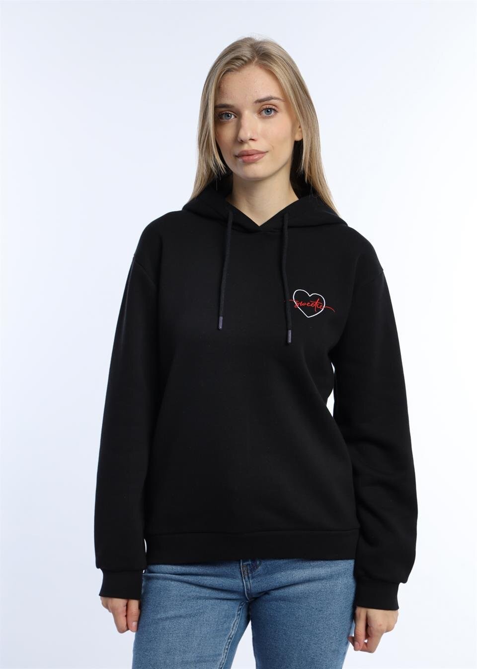 Kadin Kalp Nakışlı 3 İplik Sweatshirt Siyah