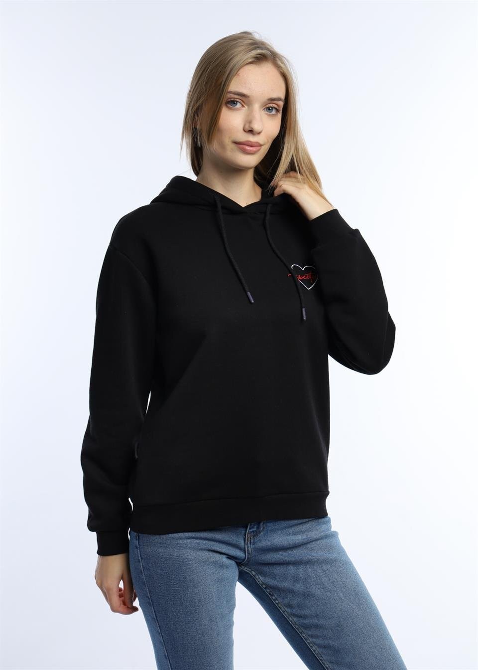 Kadin Kalp Nakışlı 3 İplik Sweatshirt Siyah