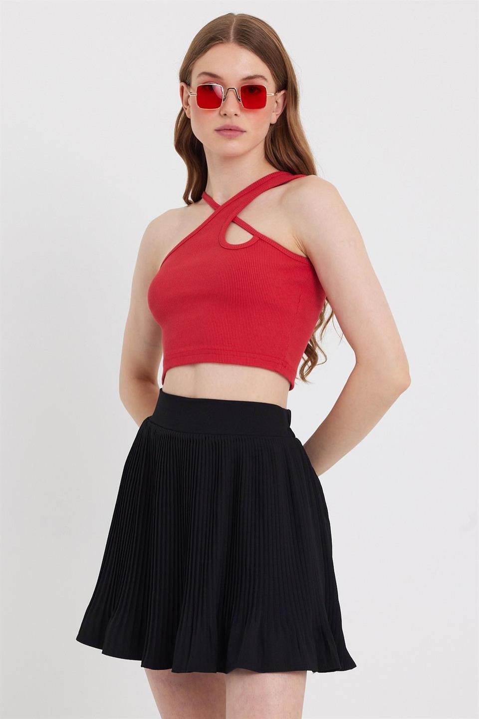 Kadın Askılı Crop Kaşkorse   Kırmızı