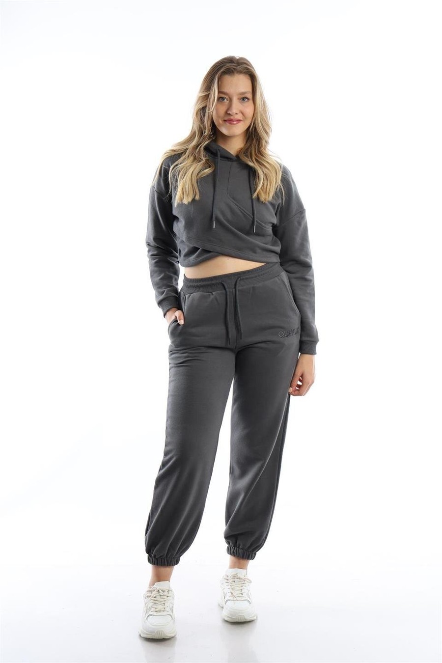 Kadın Kruvaze Detaylı Kapüşonlu Crop Sweat Antrasit Renksiz
