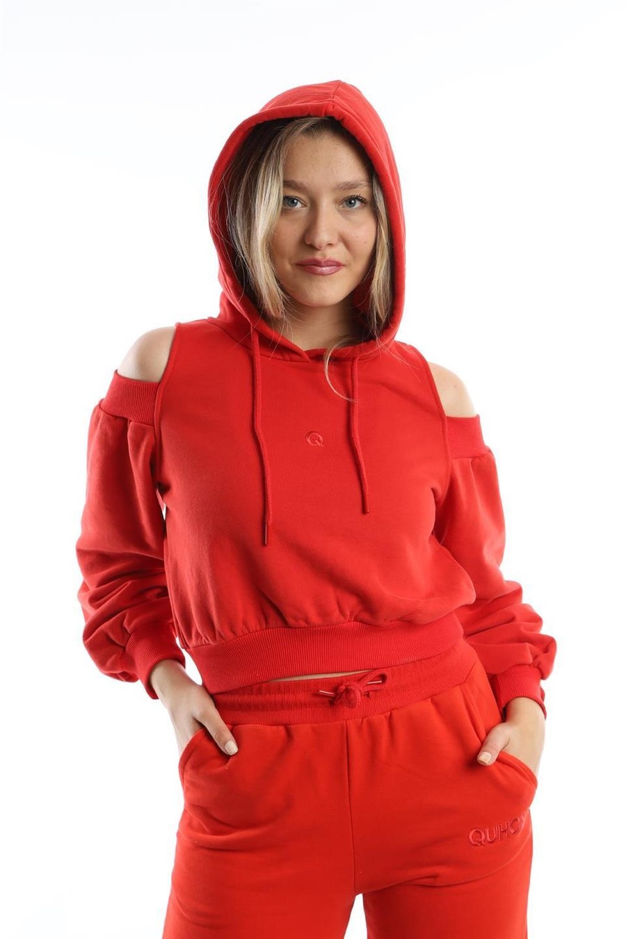 Kadın Kapüşonlu Omuz Dekolteli Sweatshirt Kırmızı Renksiz Kadın Kapüşonlu Omuz Dekolteli Sweatshirt Kırmızı Renksiz