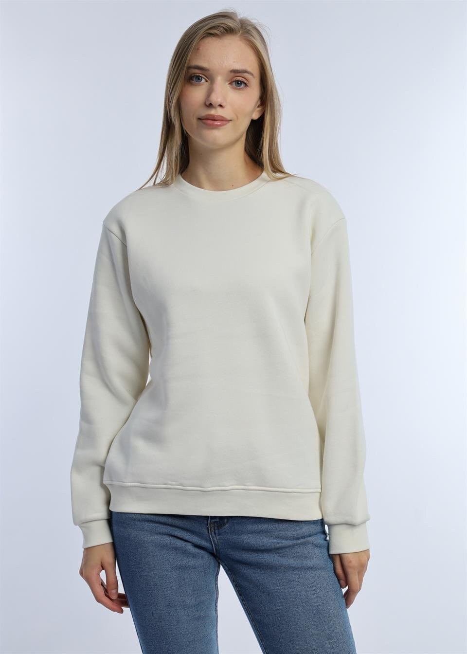 Kadın Bisiklet Yaka 3 İplik Şardonlu Sweatshirt Ekru