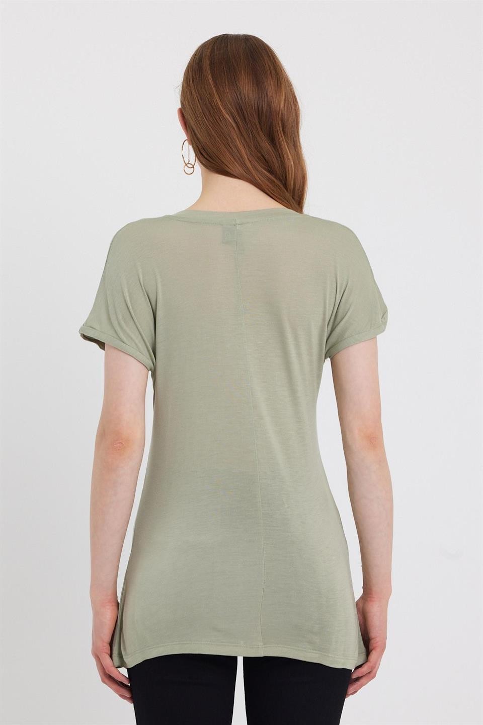 Kadın Bambu Kumaş V Yaka T-shirt Açık Yeşil