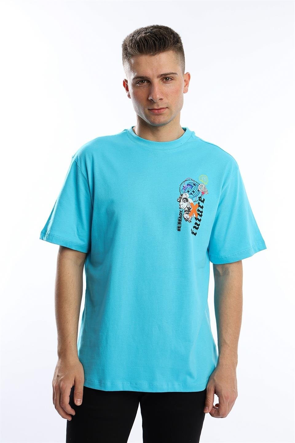 Erkek Oversize Fit Future Baskılı Basic Tişört Turkuaz