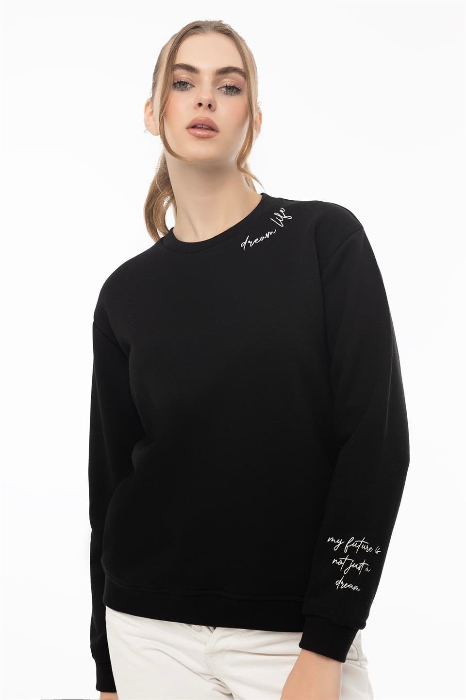 Kadın 3 İplik Şardonlu Bisiklet Yaka Sweatshirt Siyah
