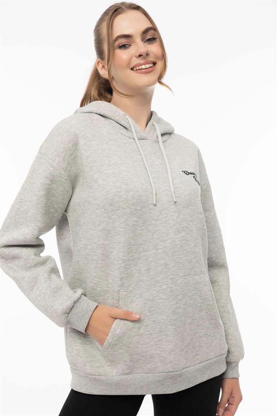 Kadın Kapüşonlu Cherry Nakışlı Oversize Sweatshirt Gri Melanj