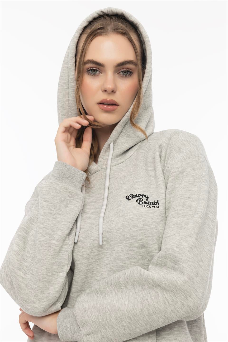 Kadın Kapüşonlu Cherry Nakışlı Oversize Sweatshirt Gri Melanj