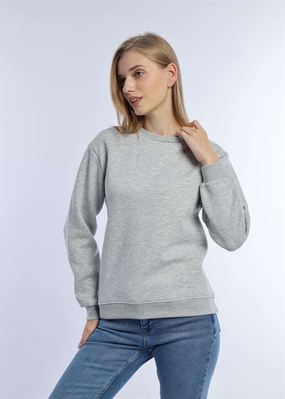 Kadın Bisiklet Yaka 3 İplik Şardonlu Sweatshirt Gri Melanj