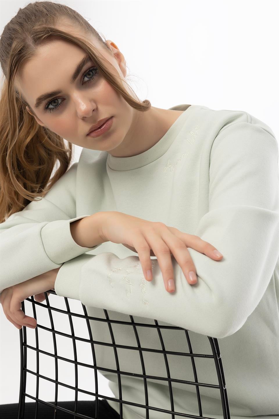 Kadın 3 İplik Şardonlu Bisiklet Yaka Sweatshirt Mint