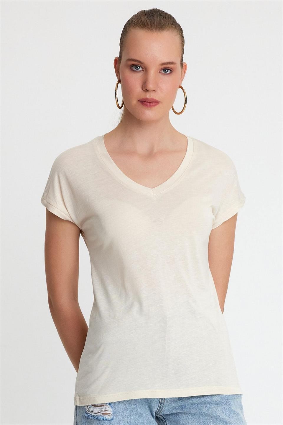 Kadın Bambu Kumaş V Yaka T-shirt  Bej