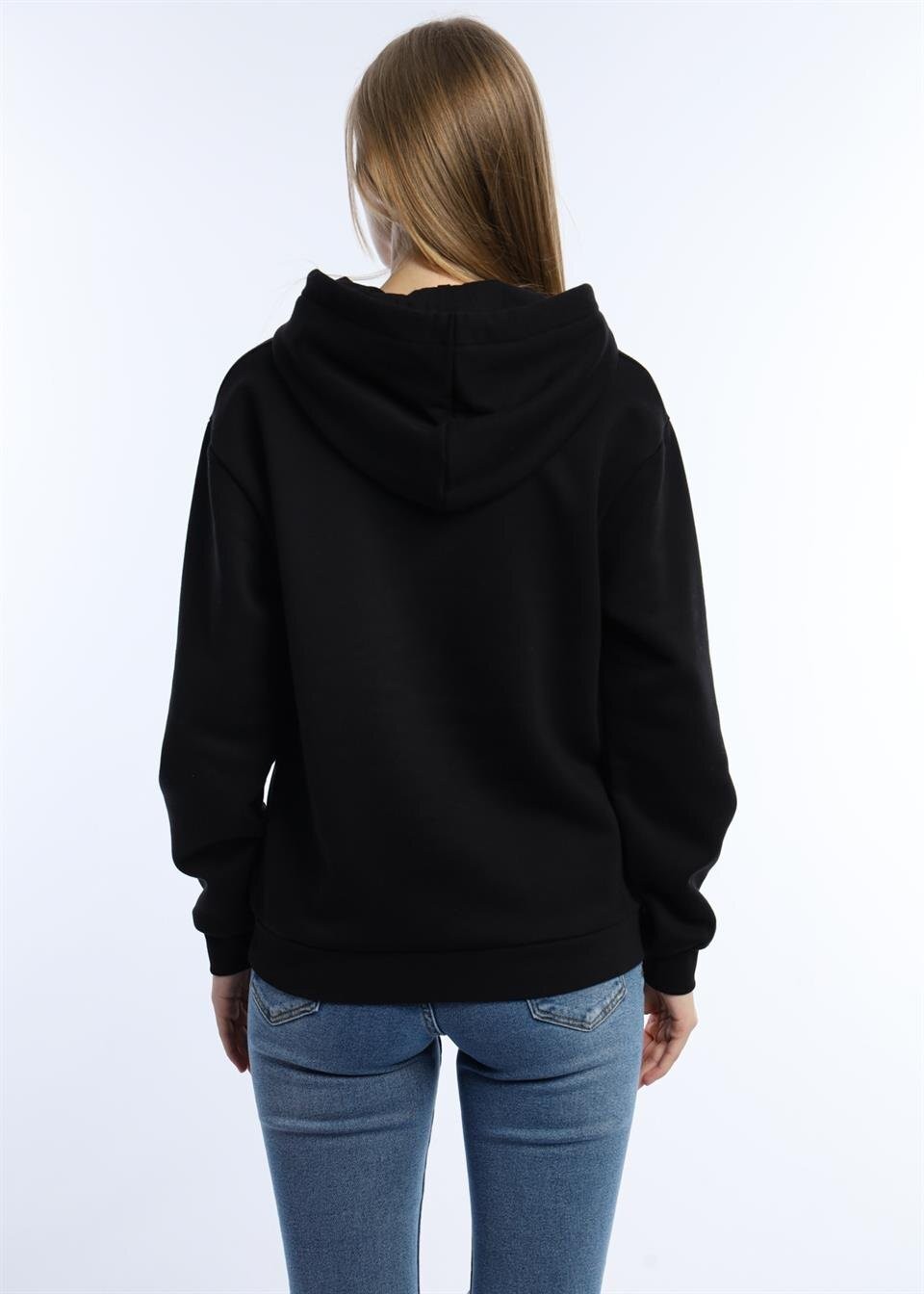 Kadin Kalp Nakışlı 3 İplik Sweatshirt Siyah