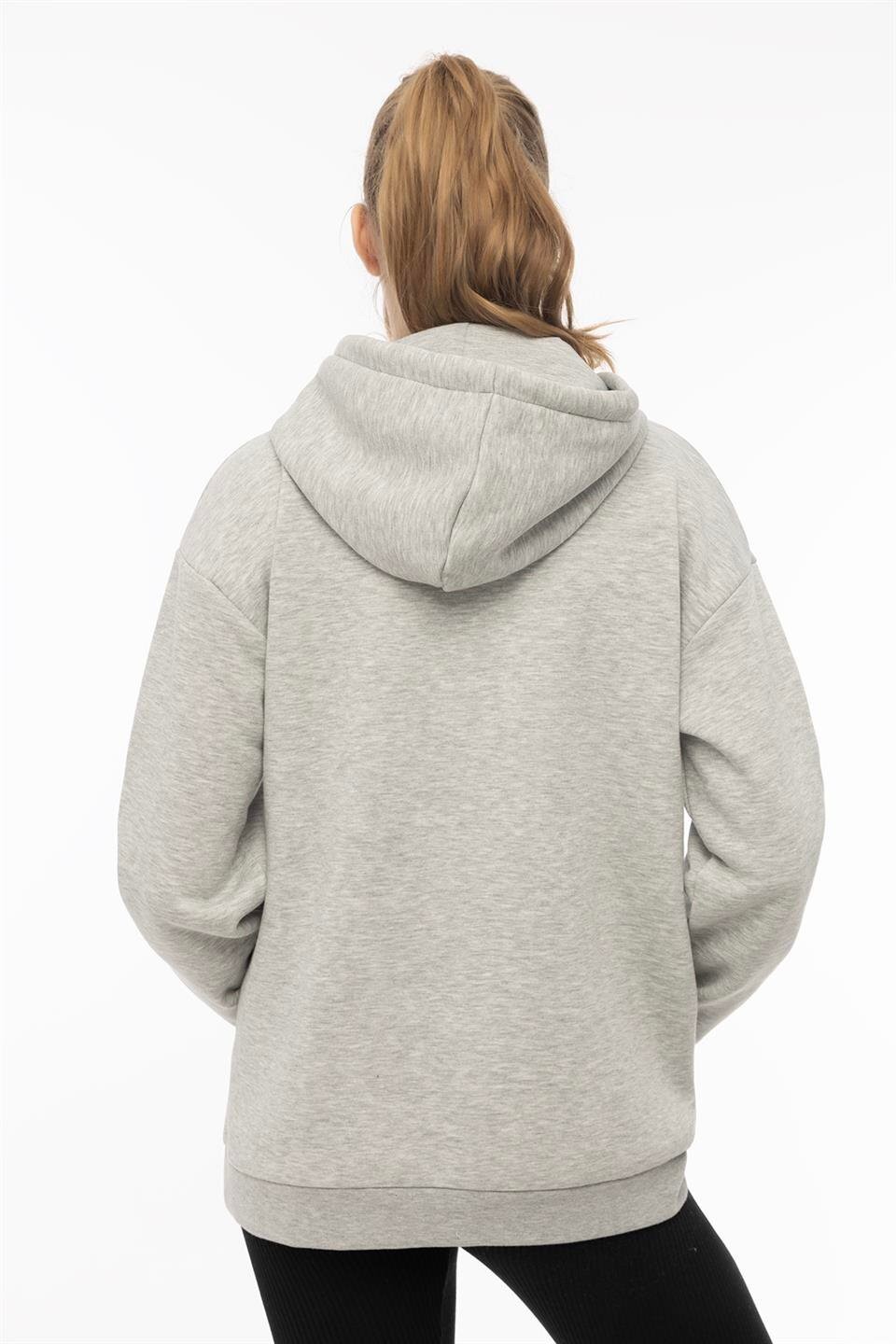Kadın Kapüşonlu Cherry Nakışlı Oversize Sweatshirt Gri Melanj